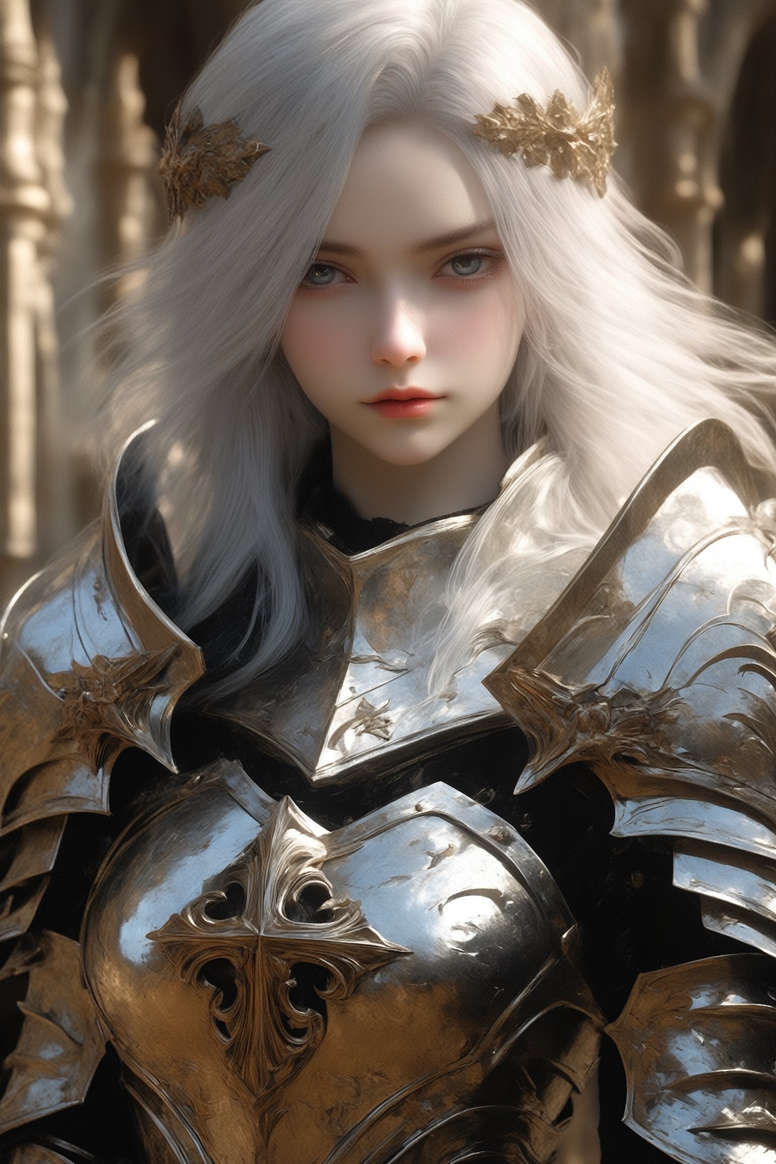 ultra Realistic,Extreme detailed,
1 girl, (masterful),((albino drow angel girl)),silver hair, slit pupil eyes,
girl Wearing Medieval black Knight Armor,Gold carved full plate Armor,
 best quality, highest quality, extremely detailed CG unity 8k wallpaper, ,ExStyle