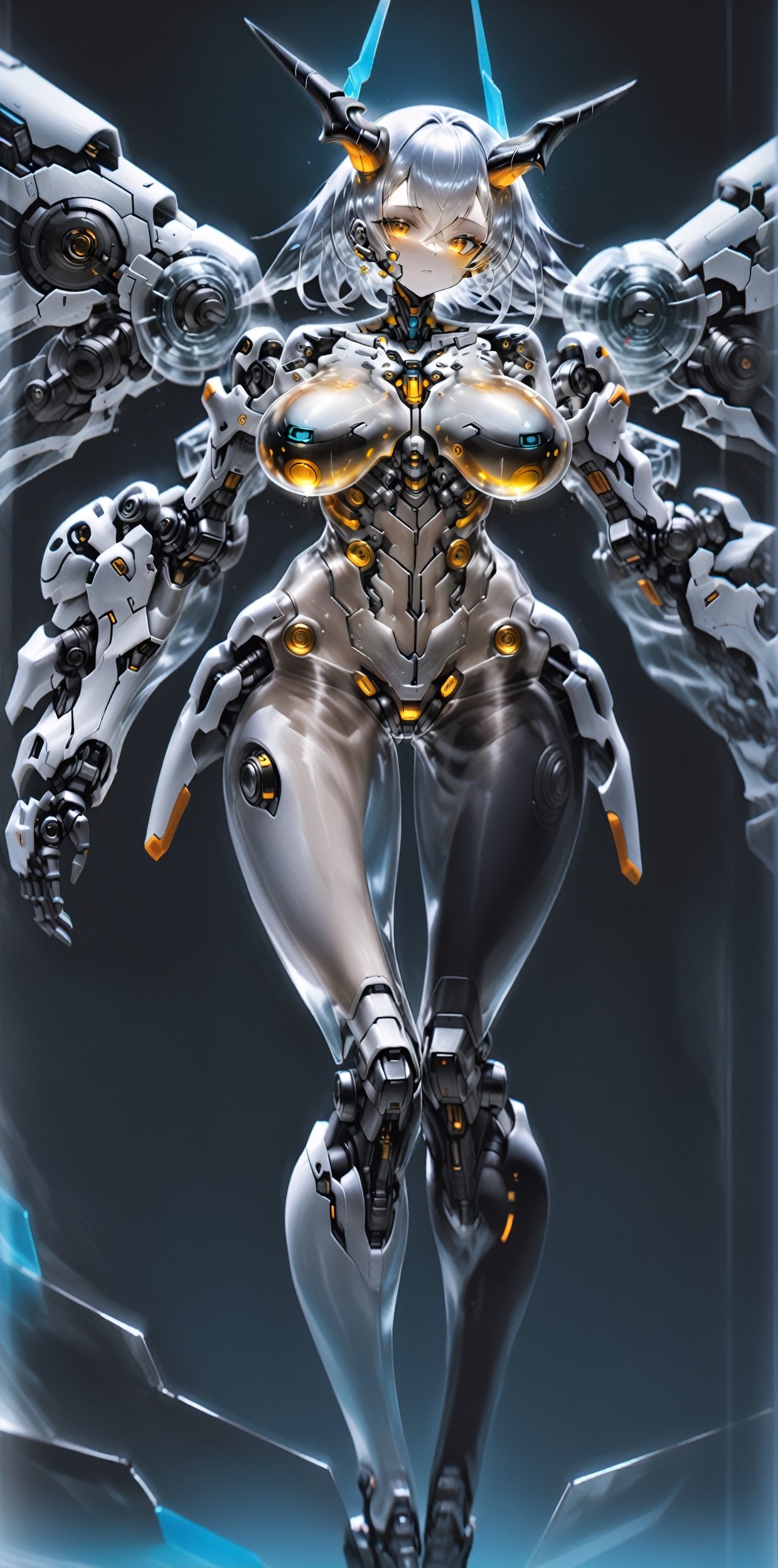 albino robot Girl, (long intricate horns:1.2), adorned with ((transparent body parts:1.2)), revealing the intricate machinery inside, smooth and angular design despite transparent parts, pulsating energy and intricate circuitry visible through ((transparent body parts)),Elegant curvaceous beauty,robot, mechanical arms,Glass Elements,Clear Glass Skin,hubg_mecha_girl,skinbodysuit,Blue Backlight,cyborg,bodysuit,breast bags