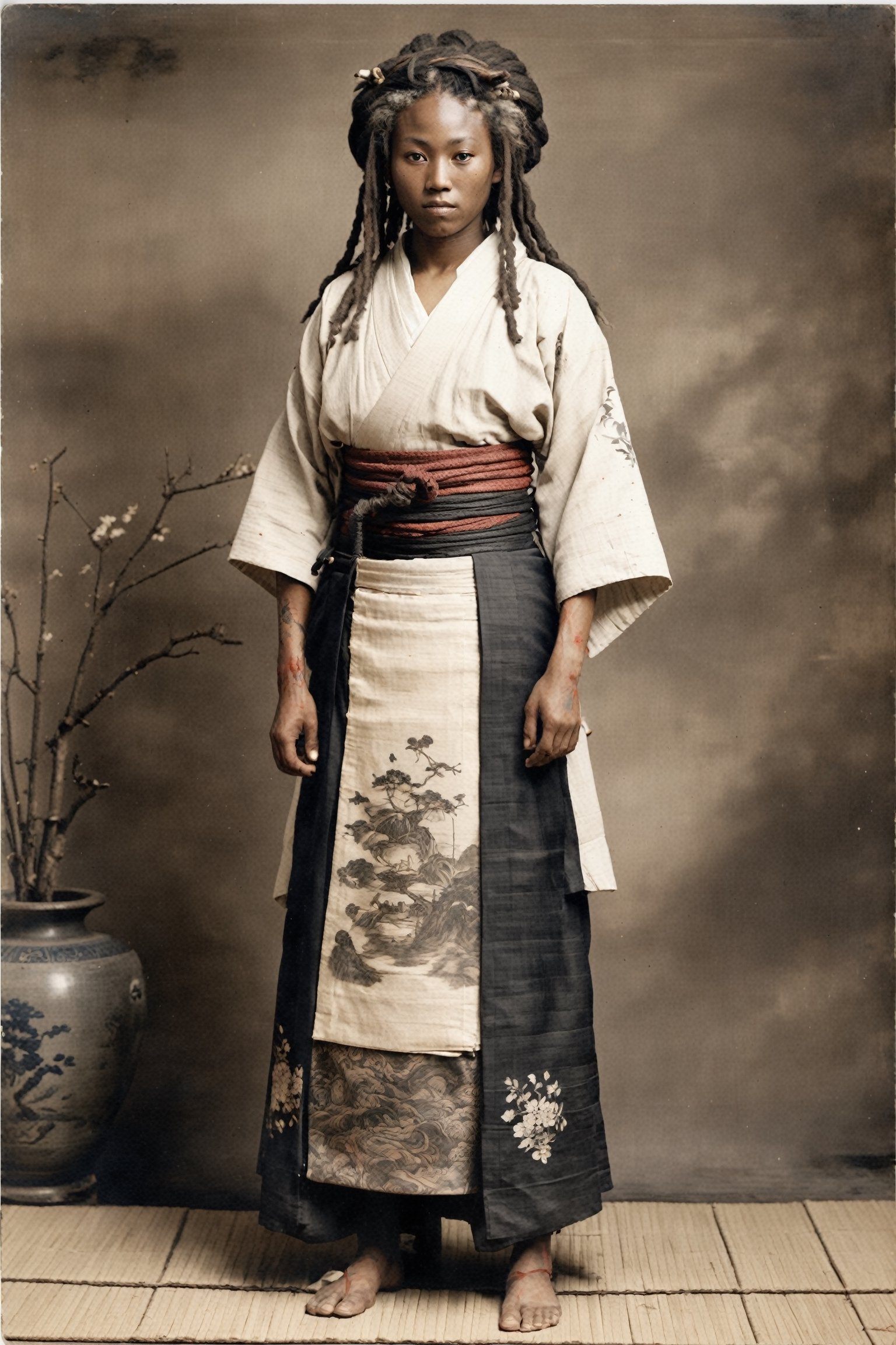 ultra Detailed,ultra Realistic,full Body,Old photo,
 kimono, oscabbard  at waist, bathed blood,  handsome and strong African Girl, very very long  dreadlocks, large breast, Cleavage, muscle,Japan Medieval age foreigne, hakama, Japanese style gaiter, kanji Tattoo,African SAMURAI Girl 
,analog