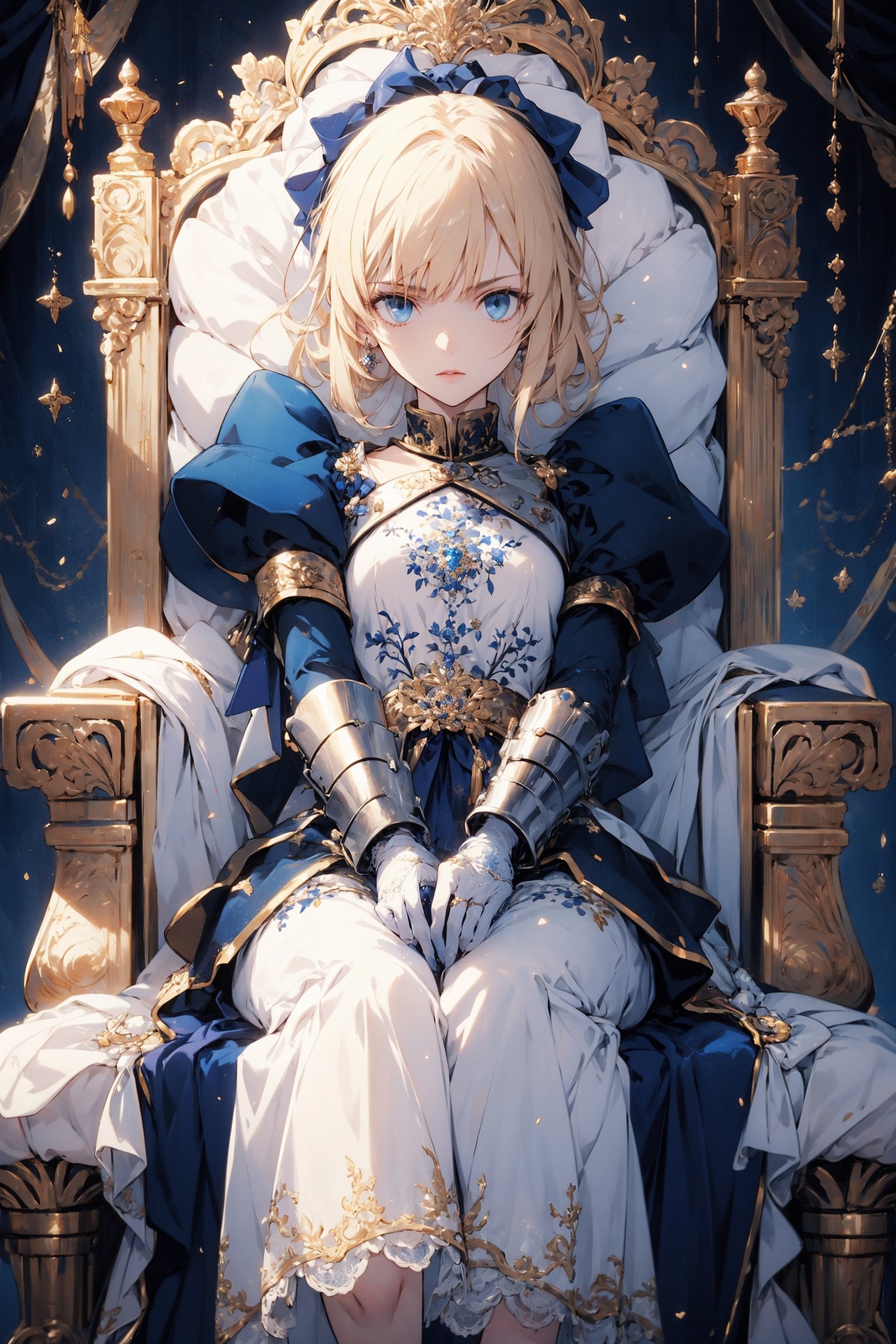 12year old beautiful actress girl,petite body, bangs,blonde hair,blue eyes, petite,tall eyes, beautiful girl with fine details, Beautiful and delicate eyes, detailed face, Beautiful eyes,luxury European Armor,Blue long skirt, blue shoes, white gloves with gold decoration,ultra detailed, official art, masterpiece,throne room background,phSaber, bouquet, joints, grey dress, mechanical arms