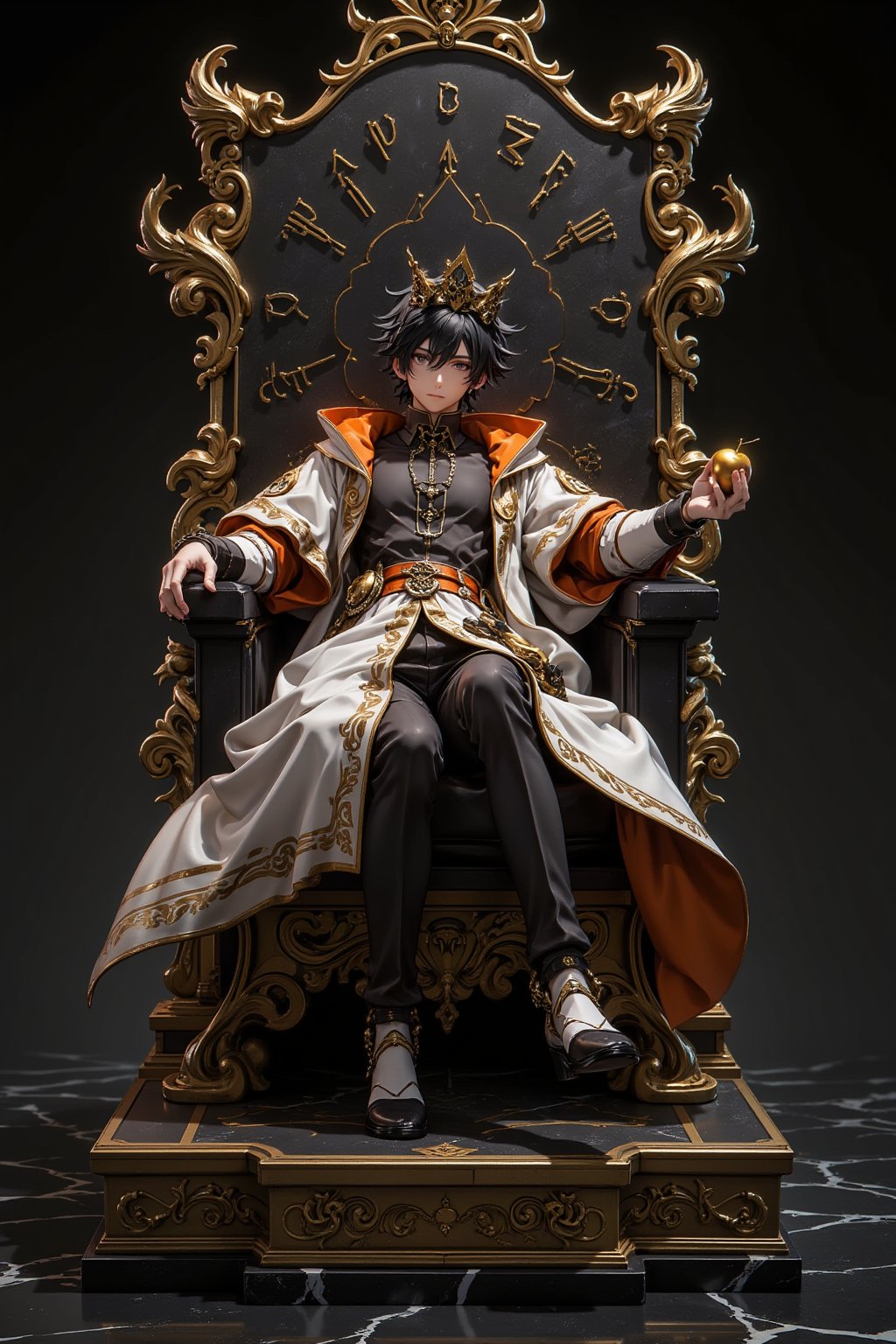 3D, Figure, Highly detailed anime figure, A young male character sits on a giant throne with glittering golden runes. Elegant white and black outfit with golden trim fits snugly to his body. Flowing cape, orange on the inside, dark messy hair, sharp features wearing a small crown. Attractive golden accessories, character lounging casually, holding a golden apple in one hand, figure on a square gold and black pedestal. Ultra-realistic texture, glossy finish. Crisp contrast of black, white and gold elements. Dramatic lighting enhances the 3D effect. Marble-like background. Professional product photography style, slightly angled view. Ultra-high resolution, cinematic color grading highlighting the gold and black colors. The scale figure is approximately 1/7 and highlights the exquisite craftsmanship.