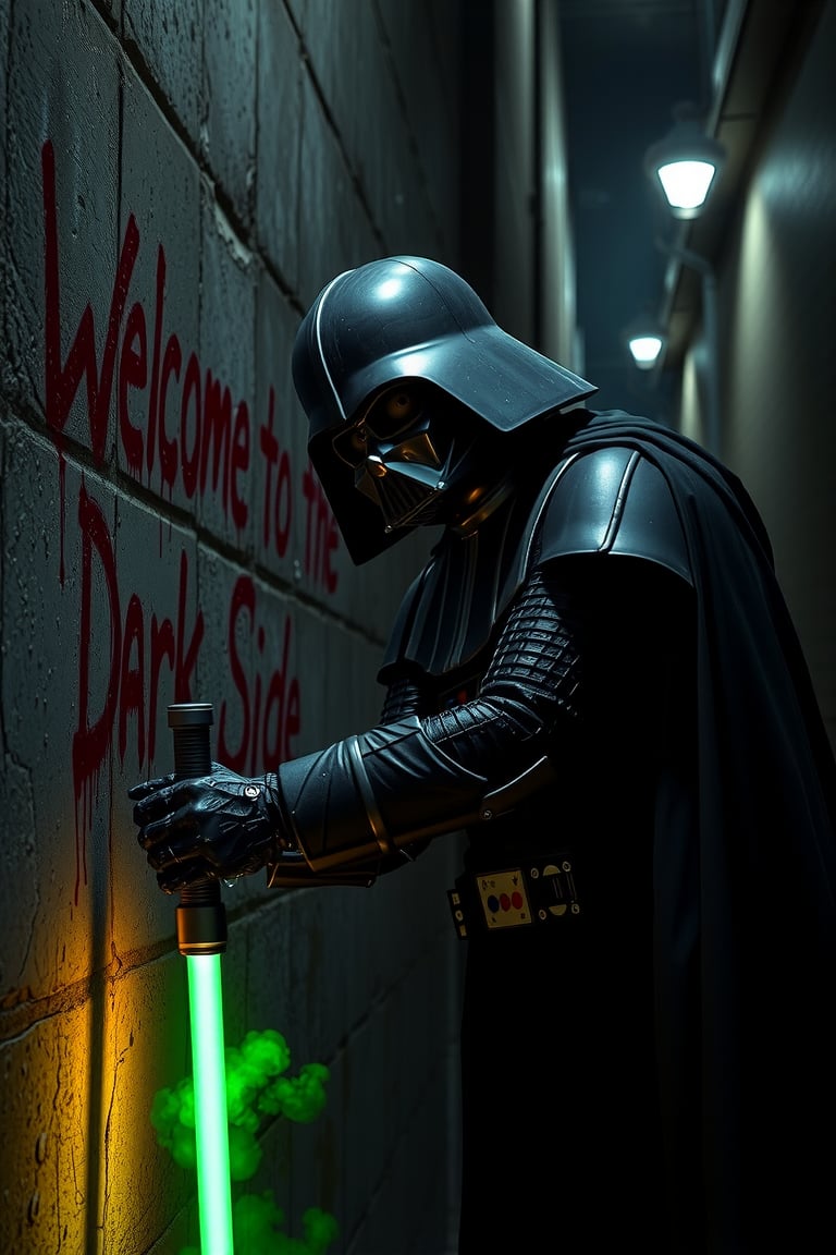 DARK,
A decaying Zombie Darth Vader with exposed crooked teeth and rotting flesh. His iconic black helmet is cracked, revealing a ghoulish face. Tattered cape and armor hang from his decomposing body. He's spray-painting 'Welcome to the Dark Side' on a grimy concrete wall in dripping red letters. The lightsaber on his belt flickers weakly. Eerie green mist swirls around his feet. Dark alley setting with dim, flickering streetlights. Hyper-detailed, 8K resolution.