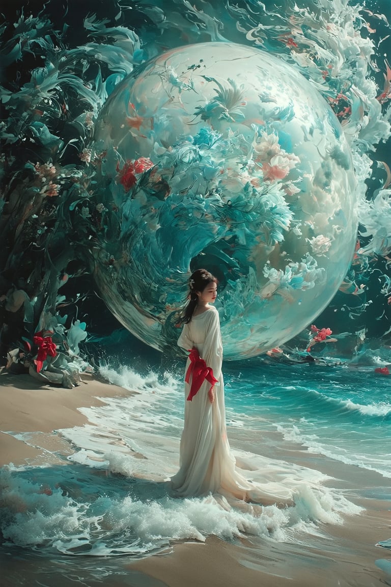 No-human,Surrealist watercolor painting. Pristine beach with soft, sandy shores and gentle waves. Enormous glass sphere, perfectly transparent, resting on sand. Oversized red ribbon wrapped around the sphere, flowing and billowing in imaginary wind. Distorted reflections in glass, merging sky and sea. Dreamy, muted palette for beach, vivid red for ribbon. Subtle watercolor textures, wet-on-wet technique. Magritte-esque juxtaposition of reality and fantasy. Thought-provoking, whimsical scene