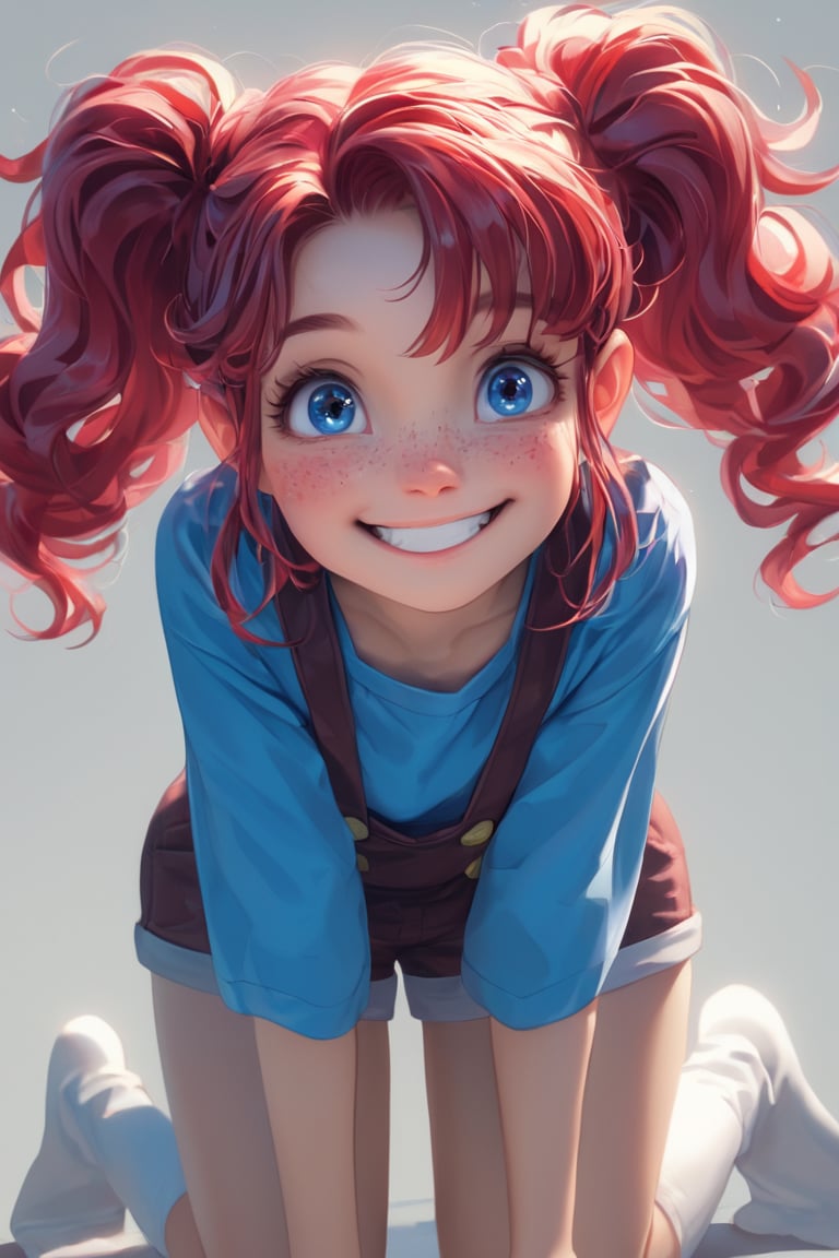 1 little girl,9 yo,Pippi Långstrump,Adorable,energetic and adorable girl with bright red hair tied in pigtails. A face full of freckles, sparkling blue eyes, a big smile, an oversized blue shirt hanging loosely, long socks with suspenders of different colors on each side, and an energetic pose. The sunlit background suggests a carefree summer day. Vibrant color palette. Expressive manga style with detailed textures