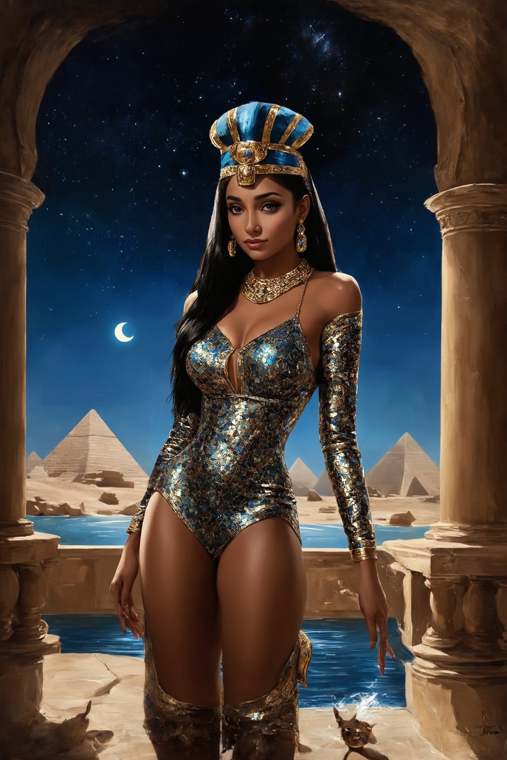 Super realistic photos,
1girl,Cleopatra, ancient Egyptian queen,perfect face,perfect anatomy,hide hands,
luminous mosaic pattern night dress, iridescent fabric, form-fitting silhouette, plunging neckline,large breasts,dark skin, high leg slit, regal pose, golden snake armband, ornate collar necklace, cat-eye makeup, kohl-lined eyes, flowing black hair, royal uraeus headdress, shimmering fabric catching moonlight, desert palace balcony, pyramids in distance, starry night sky, reflection in Nile river, oil painting style, hyper-realistic details, ethereal glow, haute couture meets historical, mysterious allure, digital art,ek_art_b00ster