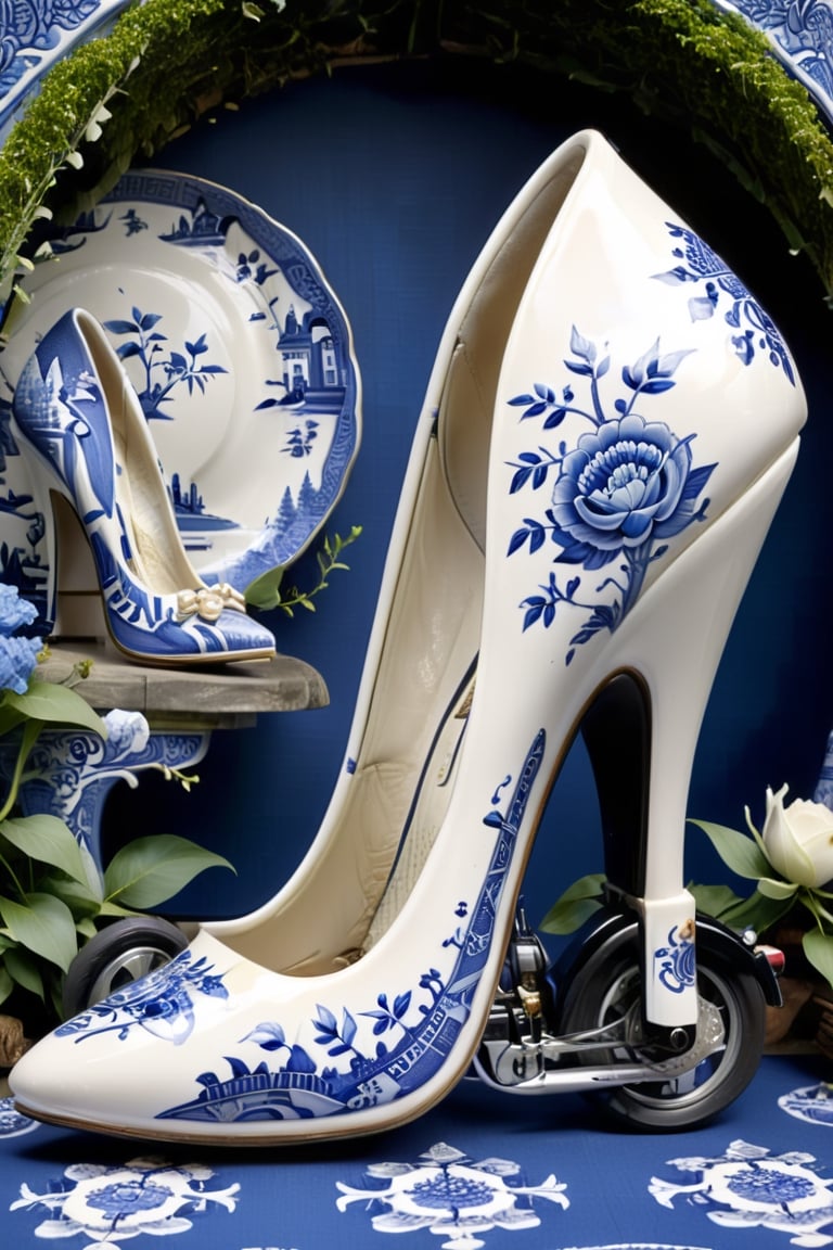 digital art, 8k, picture of a high heel woman's shoe made out of bone china in the japanese blue willow pattern, sid view of shoe  beautiful, highly detailed, whimsical, fantasy,High heels with wheels ,more detail XL,high heel car