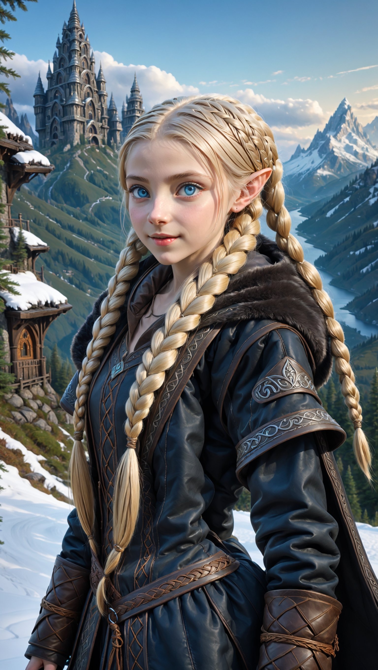 Extreme detailed,ultra Realistic,
beautiful young ELF lady shining blonde hair, long elvish braid, side braid, blue-grey eyes,elf ears,
Wearing leather tunic, hooded cloak, animal fur hood, intricate clothing, animal fur clothing, dark clothing, waistband, scarf, soft smile, bending posture, looking into the distance, 
snowy mountain scenery, overlooking valley, river, white clouds, seen from behind,ol1v1adunne