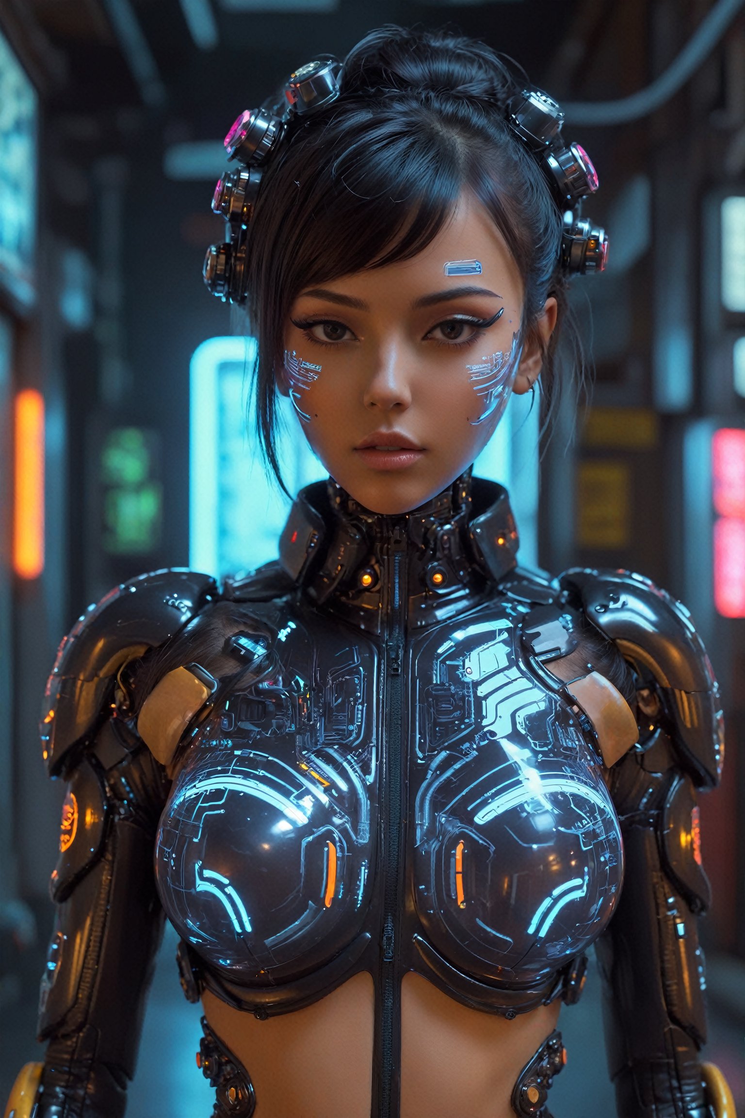 1 girl, Detailed body painting beautiful neon operator tanned woman, cyberpunk futuristic Body, reflective puffy coat, decorated with traditional japanese ornaments, perfect face, fine details,neon,circuitboard,zavy-cbrpnk,faceplate