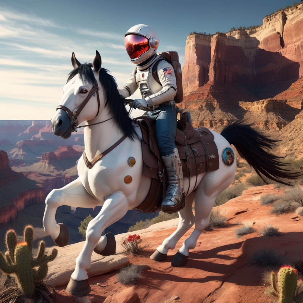 1man, burly cowboy in a sleek astronaut helmet rides across the majestic Grand Canyon on horseback, the light of the setting sun illuminating the red rock formations,
Stars twinkle on the darkened sky. Cowboy leather boots and denim jeans contrast with a futuristic helmet. Cacti and tumbleweeds dot the foreground. realistic style, cinematic lighting,astronaut_flowers,,ParallelObserver