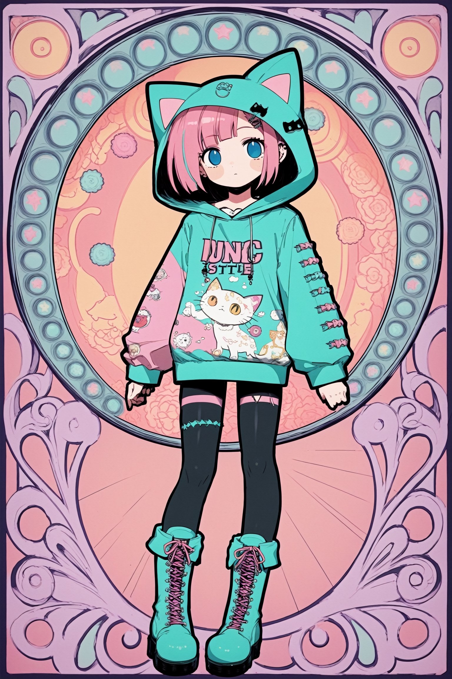 ,vtuber,1girl,
cute anime characters,Beautiful blue eyes,asymmetric bangs,candy punk Fashion,Hooded hoodie shaped like a cute kitten,cat ear hood,Pastel colored clothes based on blue and pink,Pastel Emo Fashion, Anime Print Shirt,Gothic Style tights, long military boots,,dal-6 style, art nouveau,EMO-Art Nouveau punk