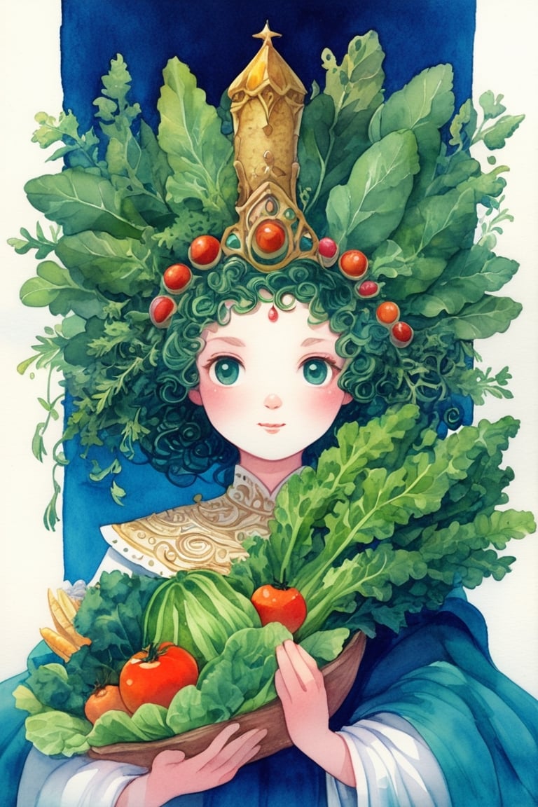 1GIRL,A princess made entirely of vegetables, her gown a vibrant array of lettuce, carrots, and tomatoes. Her hair, a cascade of curly kale, adorned with a crown of radishes and cucumbers. She stands tall and regal, her eyes bright with the colors of her vegetable kingdom. This vegetable princess radiates freshness and health, a whimsical and unique creation of nature's bounty.,watercolor \(medium\)