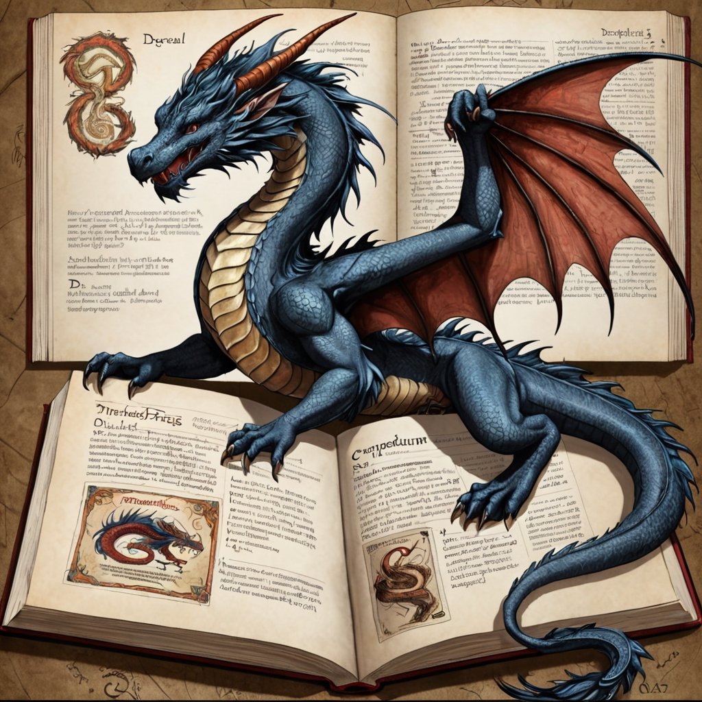 ((Infographics)),ENCYCLOPEDIA,ancient parchment unfolds to reveal a meticulously illustrated dragon, compendium,Each page, delicately crafted with quill and ink, The accompanying text, written in elegant calligraphy, in the style of esao andrews,darkart,drwbk coloring book drawing,Strange Dragon