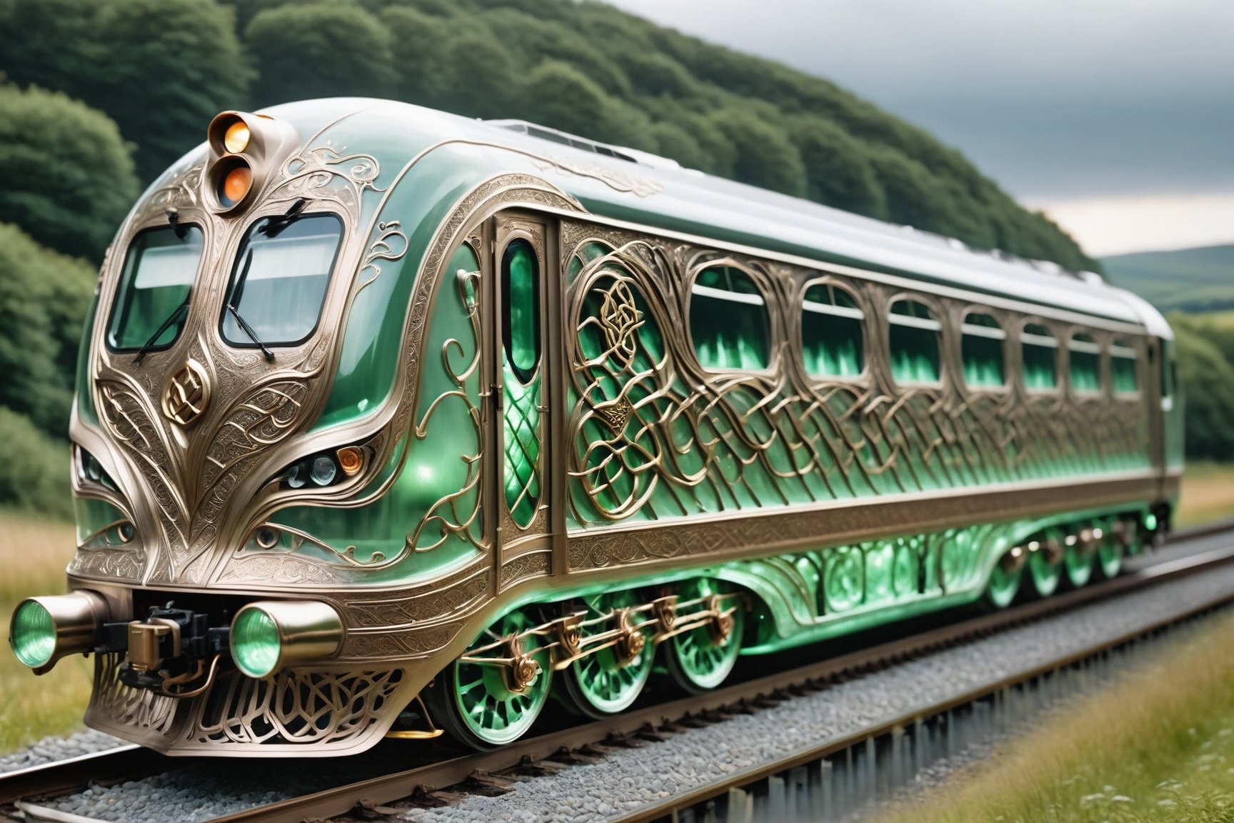 An elven-crafted locomotive, predominantly constructed with transparent glass, adorned with intricate Celtic designs. The sleek, ethereal glass engine is embellished with interwoven knotwork patterns, reminiscent of Celtic artistry. The train cars follow suit, featuring large, transparent windows that allow passengers to enjoy panoramic views,This elven-engineered locomotive seamlessly blends the elegance of elven craftsmanship with the mesmerizing beauty of Celtic design, creating a unique and enchanting mode of transportation ,DonM3lv3sXL,Clear Glass Skin,Magical Fantasy style