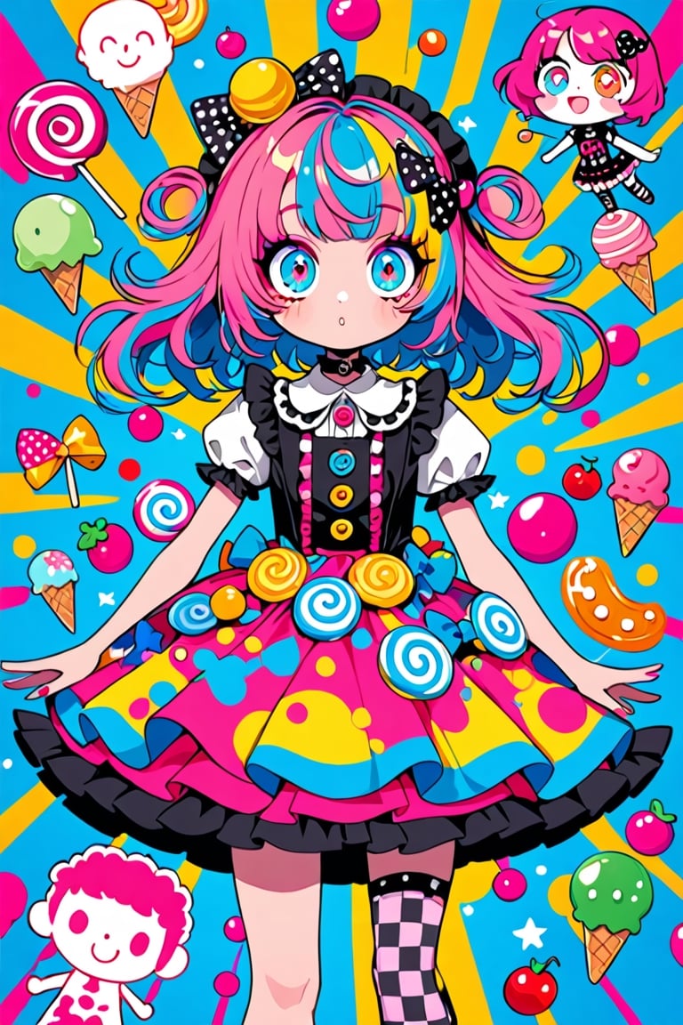 children's doodle style,
Colorful pop art, candy pop, lollipop punk, brightly colored berry beans, emo pink lolita girl,big Eyes,A dress made of jelly and ice cream,
 maximalism designemo,dal-6 style,Color Splash