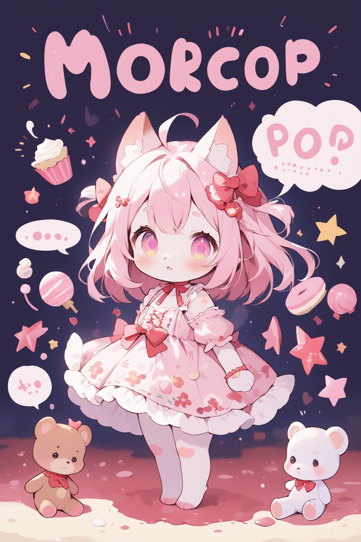 Prompt: Magical POP illustration,cute little Teddy bear,pink loli  dress,Beautiful embroidered dress,furry girl,Deformed