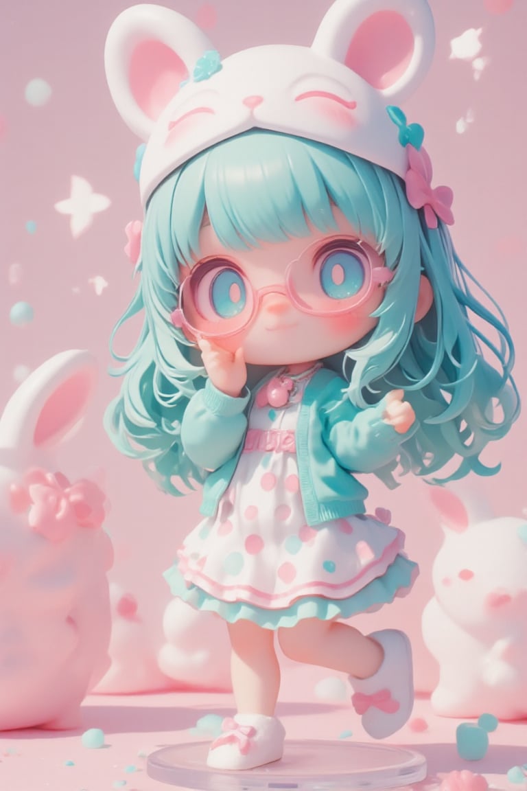 Cute anime-style chibi figurine of a girl with long, flowing turquoise hair. Large expressive blue eyes behind pink round glasses. Wearing a white polka-dot dress with pink and blue dots, pink trim, and a teal underskirt. Teal cardigan sweater. White and pink animal-shaped sleep mask on her head with closed eyes, small bone decoration, and blue bow. Pink bow in her hair. Pink cherry-shaped pendant necklace. White bunny-shaped slippers. Posing with one hand raised near her face. Cheerful expression. Highly detailed plastic figurine on a clear stand. Soft, pastel color palette. Professional product photography lighting and setup.,lyh,dal,create figure 2,furry