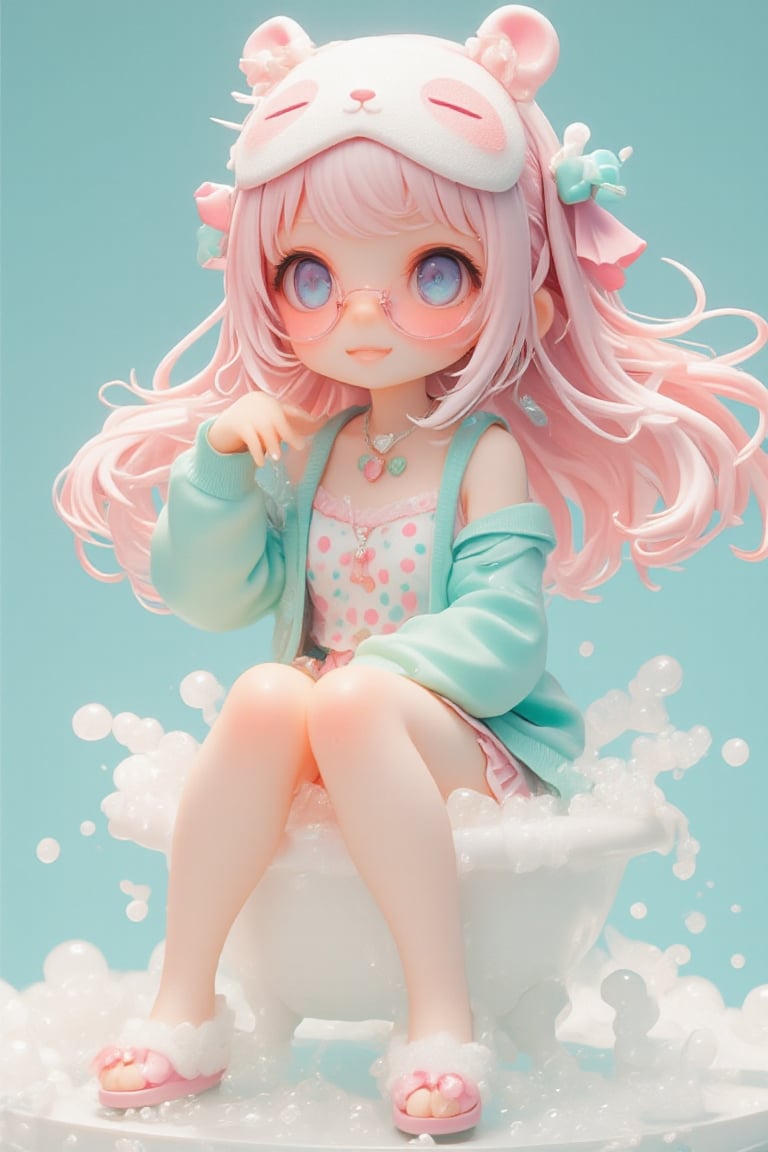 3D figure,Cute anime-style chibi figure, a girl with long flowing colorful Candy hair, Big expressive blue eyes behind pink round glasses. Wearing a white polka dot dress with pink and blue dots, pink trim and a teal blue underskirt. Teal blue cardigan sweater, white and pink animal shaped eye mask on head with eyes closed, small bone decoration and blue ribbon. Pink ribbon in hair,Pink cherry shaped pendant necklace. White rabbit shaped slippers,Posed with one hand raised close to face. Bright expression, figure is immersed in a miniature bathtub full of bubbles,sit down,
Very well-made plastic figure on a clear stand. Soft pastel color palette. Professional product photography lighting and setup. ,lyh,dal,create figure 2,