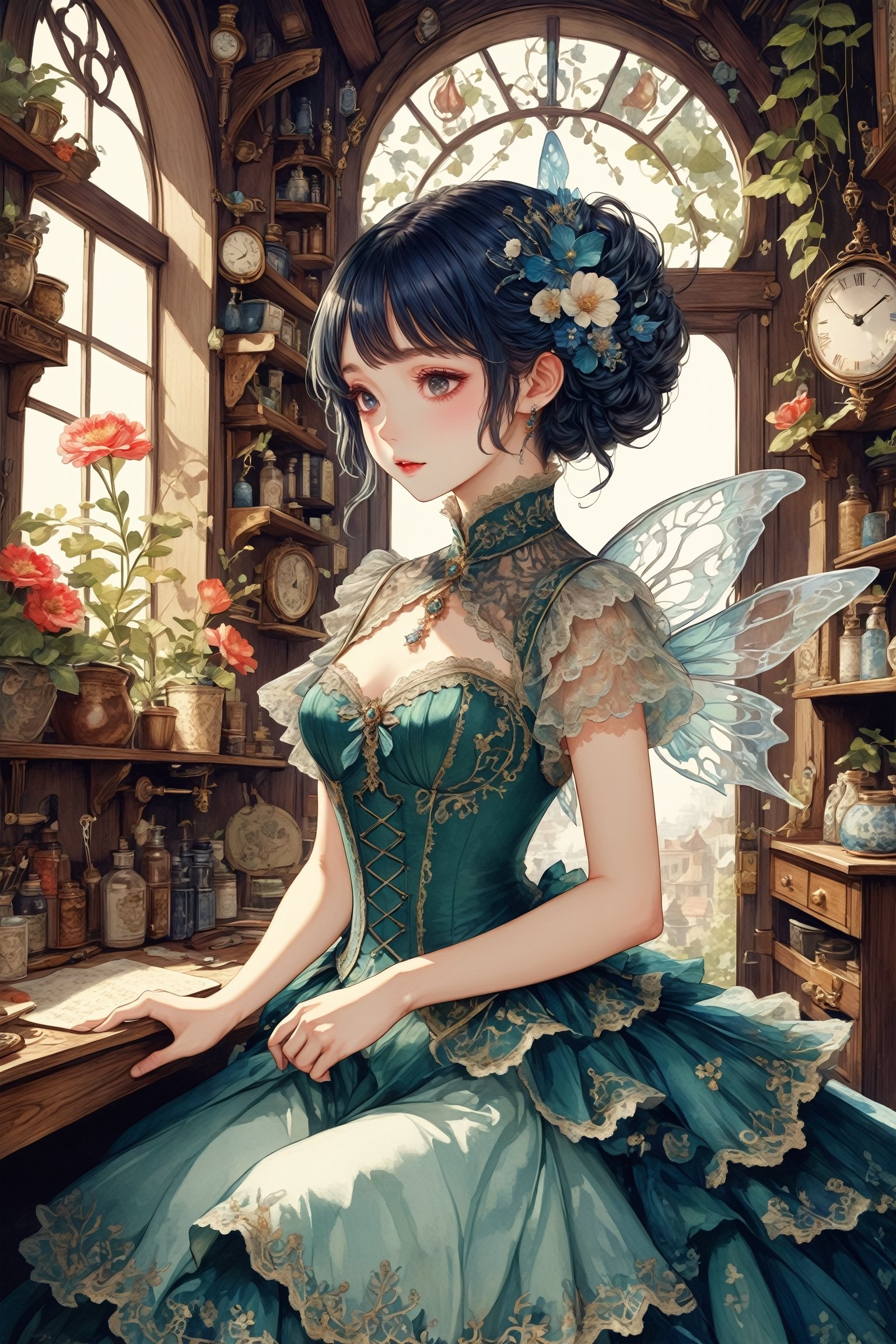 ultra Realistic,Extreme detailed,
beautiful fairy,In a quaint workshop adorned with enchanting flora, a skilled fairy tailor meticulously crafts fantastical garments,H effect,Wonder of Beauty,emo,extremely detailed,watercolor \(medium\),Victorian 