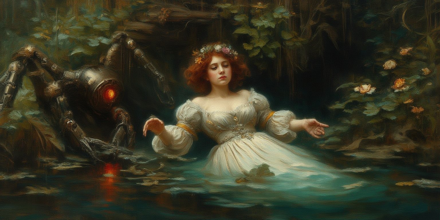 Pre-Raphaelite style painting based on Millais' Ophelia, Lush riverbank scene with drowning woman and eerie spider-like robot,
Woman: Pale, serene face, arms outstretched in water. Elaborate period dress with embroidered flowers. Floating amidst water plants,
Nature: Dense foliage, wildflowers, reeds. Rich, detailed vegetation in deep greens and earthy tones. Calm, dark water reflecting surroundings.

Composition: Horizontal format, woman centered, surrounded by nature,
New element:spider-like robot partly hidden in foliage,Metallic body with insectoid features,Glowing red eyes observing the scene,
Style: Hyper-realistic Pre-Raphaelite technique,Meticulous detail in nature and fabrics. Soft, dream-like lighting.
Mood: Juxtaposition of serene tragedy and unsettling futurism. Maintain original painting's melancholic atmosphere with added element of sci-fi unease.

Color palette: Lush greens, earth tones, muted florals. Robot in contrasting metallic hues with subtle red glow.,oil-on-canvas style of classic painting,AbmoilPainting