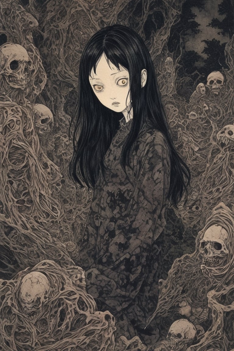 Immersed in the style of Junji Ito, the horror artwork unfolds with unsettling beauty. Distorted figures and eerie landscapes converge, creating a nightmarish tableau. Stark shadows play upon contorted faces, invoking a sense of dread. The meticulously detailed linework weaves a chilling narrative, where the boundary between reality and the macabre becomes obscured, capturing the essence of Junji Ito's haunting and captivating artistic vision.