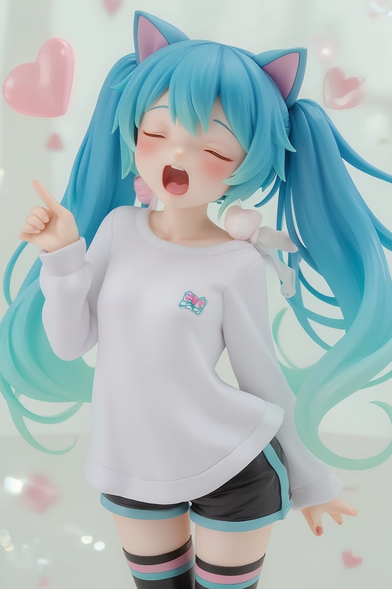 1girl,PVC,Hatsune Miku Resin Figure, poses cutely while yawning loudly. Hatsune Miku has blue-green twin tails with cat-like ears and wears a white long-sleeved shirt with a small Miku logo on the chest. Miku is also wearing black shorts with soft pastel stripes and thigh-high socks,open eyes,
 Her eyes and mouth are slightly open, making her look sleepy. The background has a soft and minimalist atmosphere, giving her an adorable look and a cozy feeling. Masu. Emphasizes a relaxed atmosphere. ,lyh,ATRFX,resin