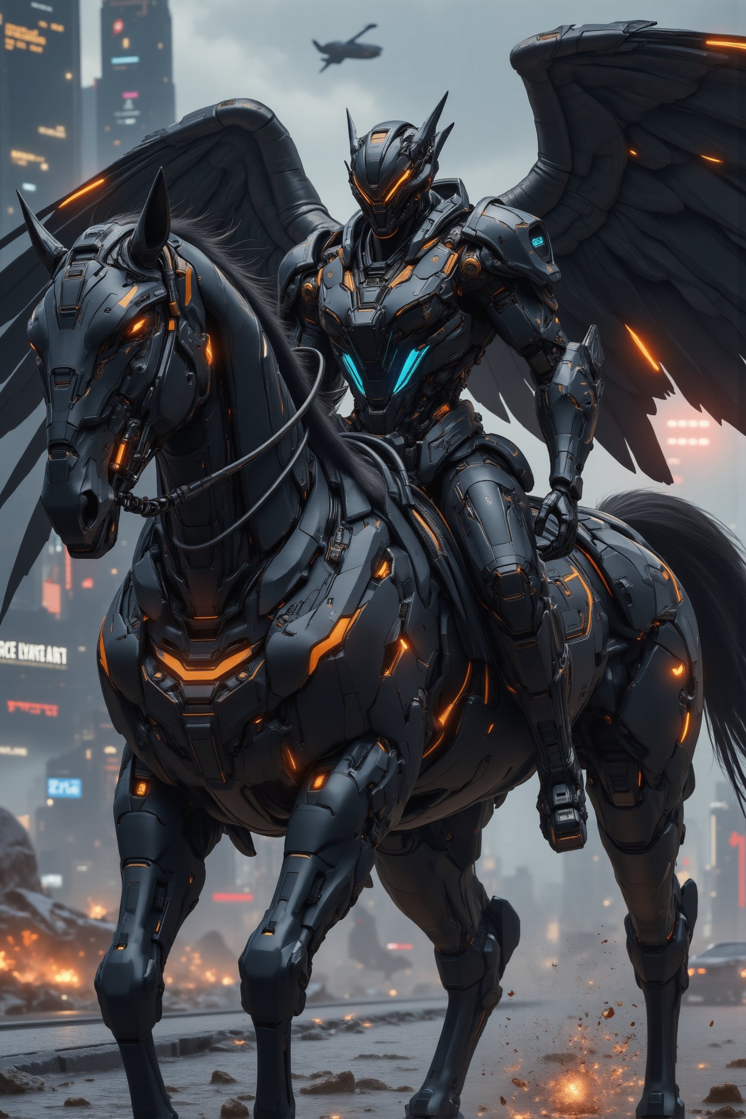 Cyberpunk-style knight on a cyborg horse, digital art. Sleek black cyber-suit with glowing neon blue accents. Imposing black helmet with tinted visor, displaying holographic HUD. Mechanical wings on the back, folded, made of black carbon fiber with exposed circuitry. The cyborg horse is a fusion of organic and mechanical parts, with visible hydraulics and armor plating. Neon lights trace the horse's muscular structure. The knight wields an energy lance, crackling with electricity. Urban night backdrop with towering skyscrapers and flying vehicles. Rain-slicked streets reflect neon signs. Atmosphere is gritty and high-tech. Hyperdetailed textures on the armor and horse's cybernetic parts. Color palette dominated by blacks, silvers, and electric blues. Dynamic pose, suggesting movement and power. Lighting emphasizes the contrast between shadow and neon glow.,Angelic Knight,F-GVA Armour Suit,real robot