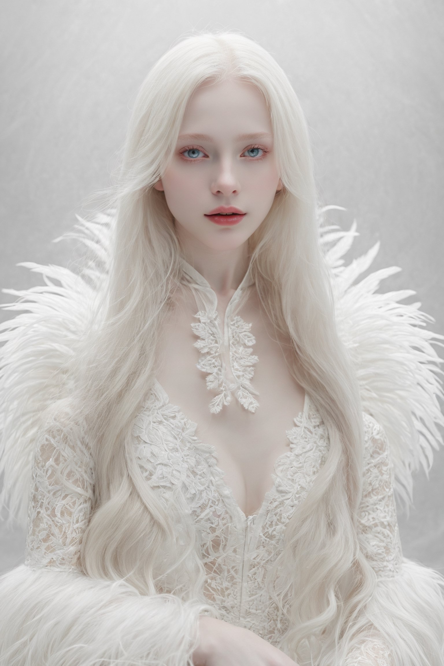 (best quality, 4k, 8k, highres, masterpiece:1.2), A creepy yet intriguing digital illustration portrait of a albino pale young girl, pure white hair,
psychedelic long hair, She wears a seductive white lace outfit with white fur accents, embodying the essence of allure and sensuality, ,valent_1314