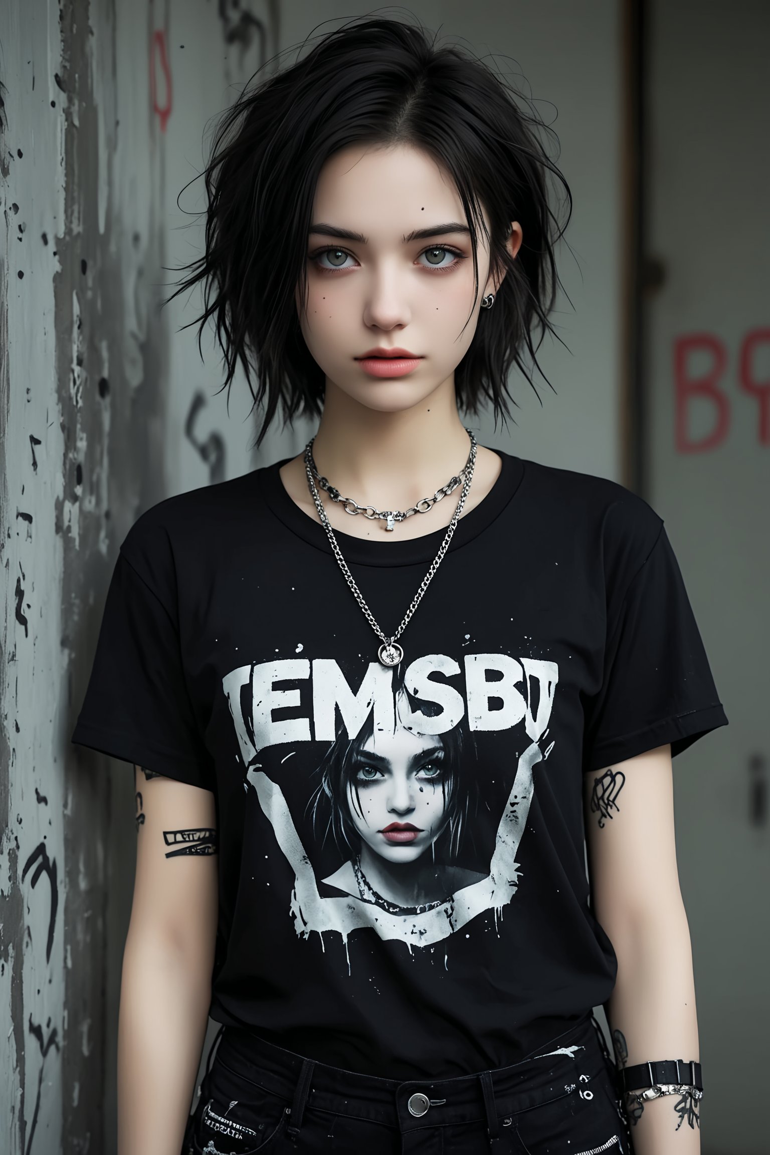 1 tomboy,Androgynous, boyish woman with emo-grunge fashion, Short, tousled dark hair with colorful streaks. Striking features, minimal makeup with dark eyeliner, Pale skin,ear piercings,
Outfit:Oversized distressed band t-shirt,Ripped black skinny jeans,Heavy combat boots,Layered silver necklaces and bracelets, slight smirk. Urban background, graffiti wall,
Style: High contrast photography, moody lighting. Gritty texture, desaturated colors except for hair highlights. Focus on subject's face and outfit details,goth girl,4k