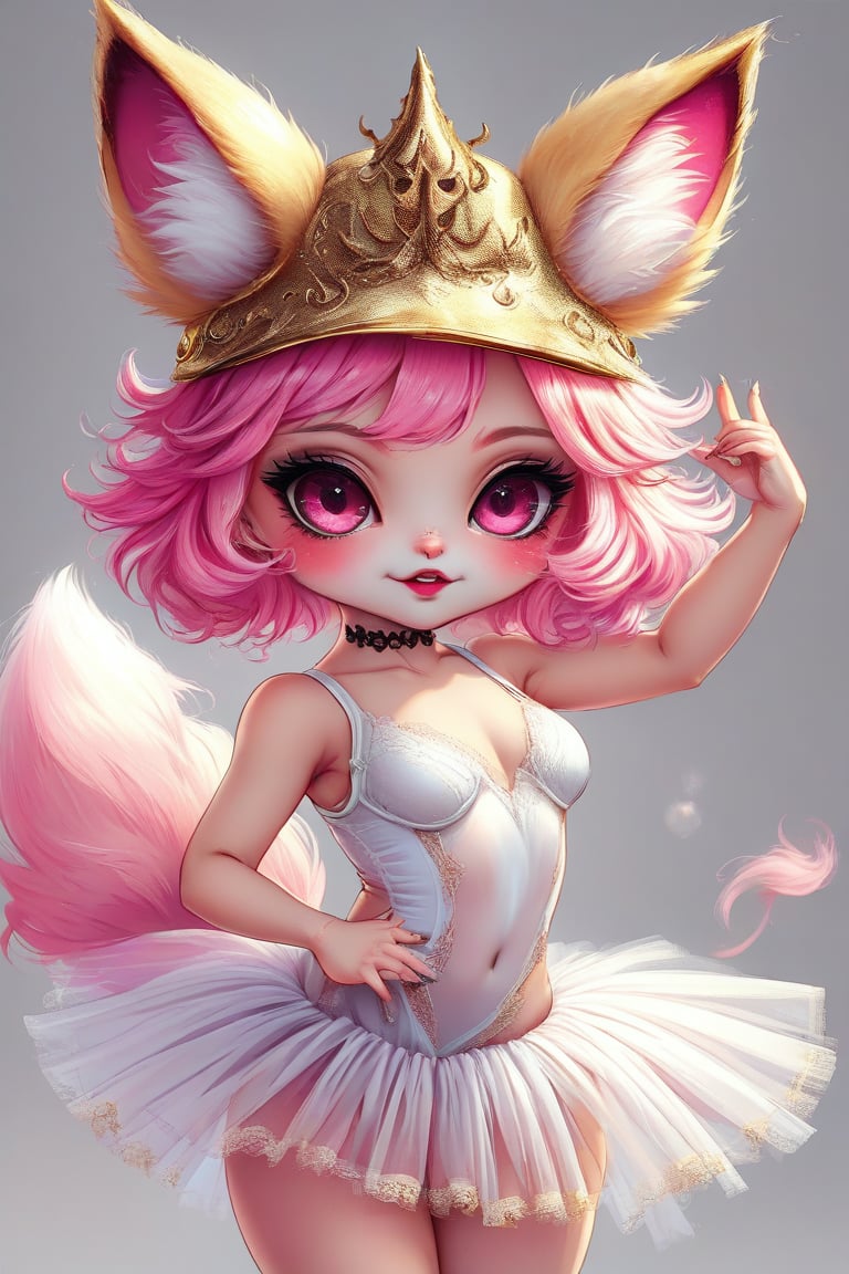 cute pop kawaii art,Furry Girl,
Pink hair, small gothic style hat, fox ears, fox muzzle, golden pupils with vertical slits, white tutu with luxurious golden embroidery, ballet dancer,cuntian