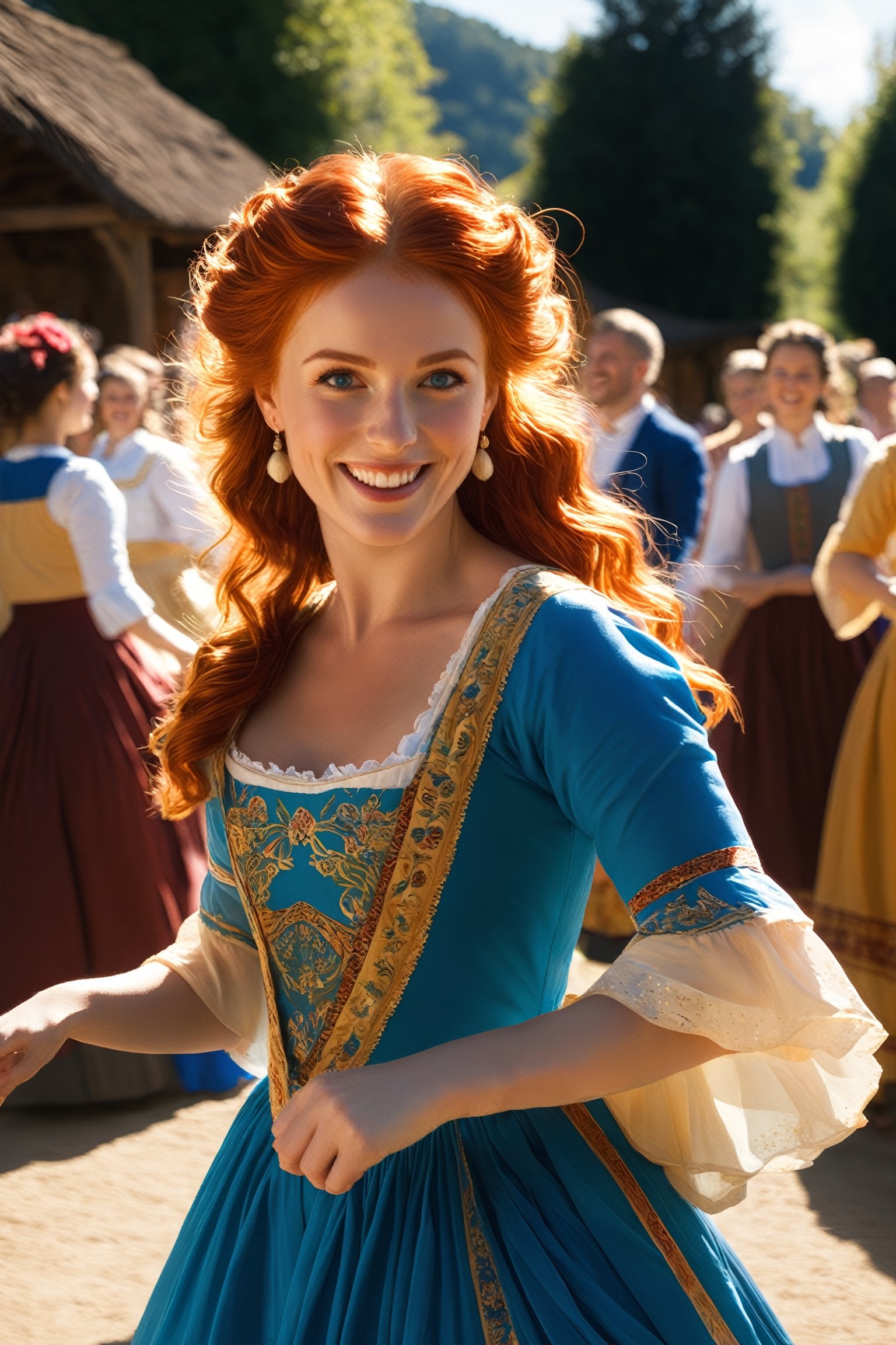 Pictures of a 25-year-old red-haired angel, with a warm, happy expression and big blue eyes gazing straight at the viewer. She has a warm, happy expression on her face and large blue eyes that look straight at the viewer. She is dancing in a traditional folkloric dress at a village festival on a sunny day. The viewer has the impression of being her dancing partner. Sunlight rays penetrate the scene created by ray-tracing, giving the sunlight a realistic effect. The background is slightly blurred to focus on her facial expressions and the details of her dress. The lighting is natural and bright, enhancing the cheerful atmosphere,18thcentury,photo_b00ster