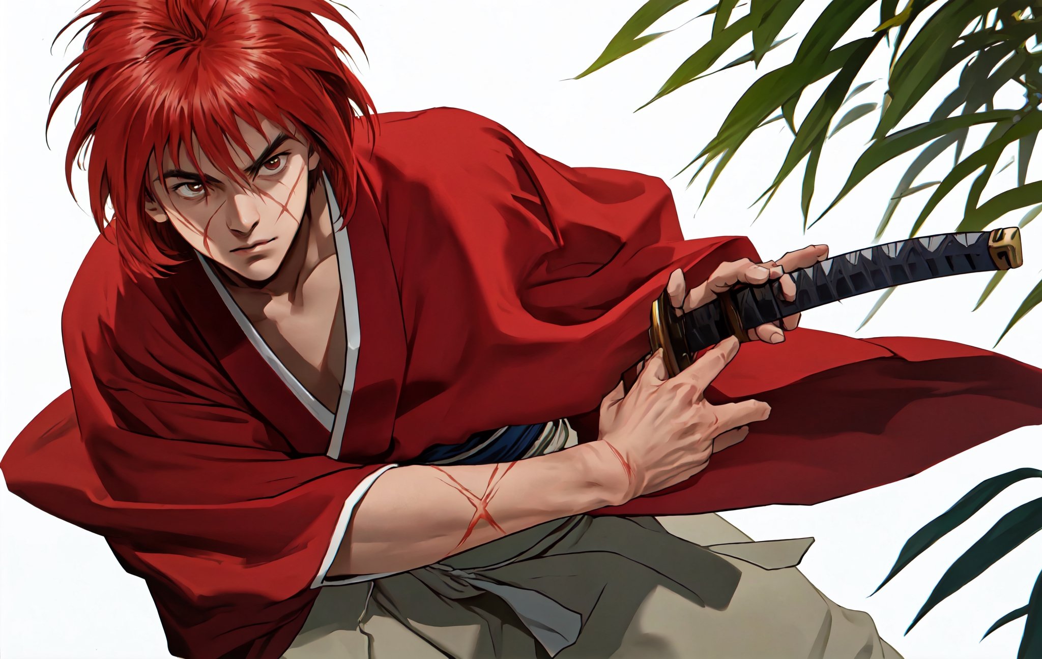 masterpiece, best quality, highres,(Solo:1.2),1boy,young man, battoujutsu, photorealistic,red Hair,short hair,Japanese Clothes,Kenshin,(Scar on cheek ),action