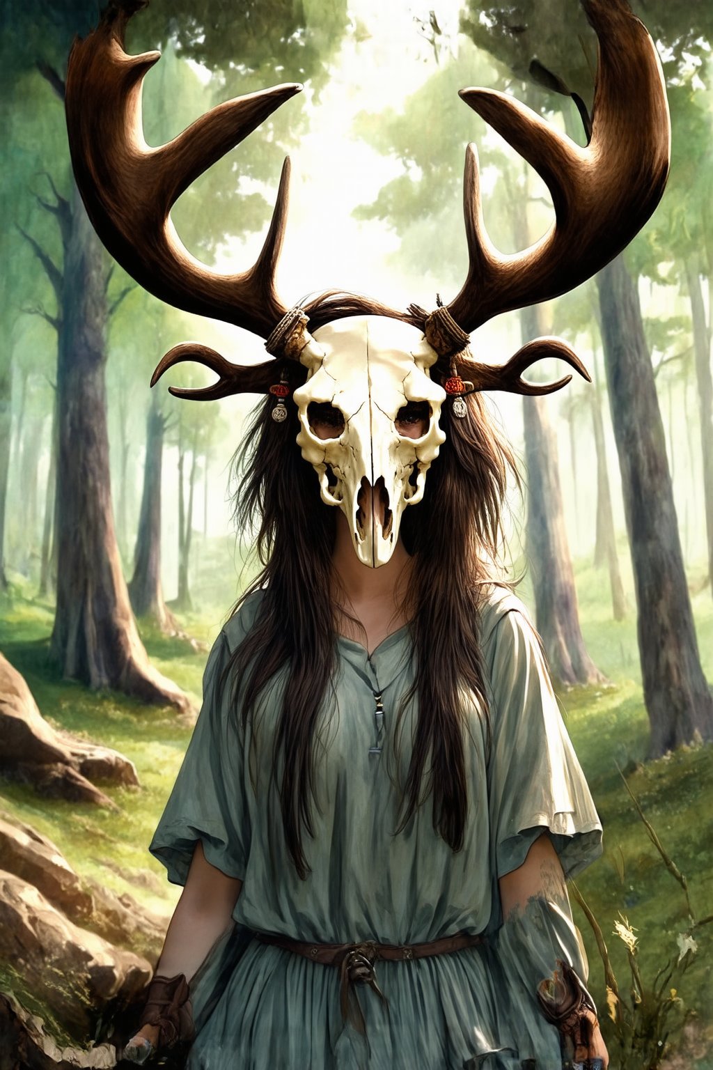 fairy tale illustrations, myths of another world, general, forest ruin background, 1girl, shaman, wearing moose skull headdress, detailed facial features, facial tribal markings,  cinematic photography, masterpiece, best quality, very aesthetic, absurdres, ultra-detailed,Watercolor,flat