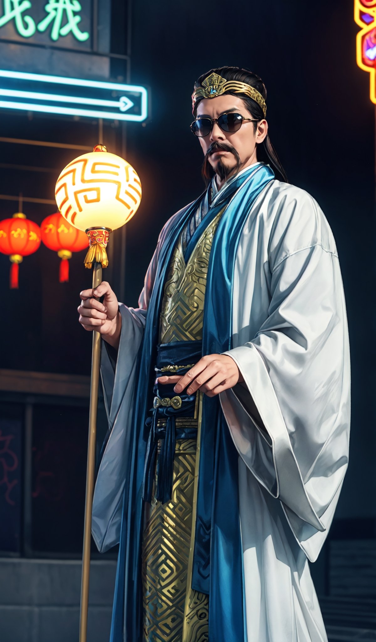 ((20year Man:1.5)), ((1man:1.4)), solid body shape, beautiful shining body,detailed face,moustache,
black hair,((chinese crown)),(full body),
(black eyes),high eyes,(neon sunglasses),
Hanfu,old chinese costumes,A fan made of feathers,
whole body,natural light,random Angle,((have a spear)),
((realism: 1.2 )), dynamic far view shot,cinematic lighting, perfect composition, by sumic.mic, ultra detailed, official art, masterpiece, (best quality:1.3), reflections, extremely detailed cg unity 8k wallpaper, detailed background, masterpiece, best quality , (masterpiece), (best quality:1.4), (ultra highres:1.2), (hyperrealistic:1.4), (photorealistic:1.2), best quality, high quality, highres, detail enhancement,((manga like visual)),
In disco,Night club, mirror ball,Party!,
,Zhuge Liang Kongming,ScienceDNAStyle,neon_grid_sunglasses