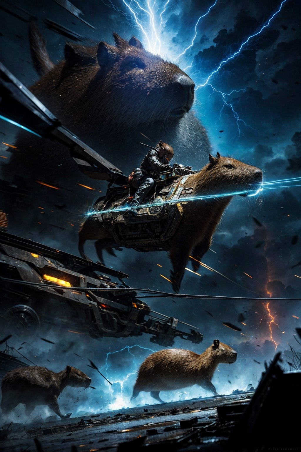  realistic,
Badass capybara (playing Electric guitar:1.2) with dark aura around, overwhelmed by his power, heavily enchained on the ground, trying to explode to free himself from the chains but he can't because chains are too big, wearing mechanical enhancements,epic and dynamic composition, thunder everywhere, cataclysm,dark cityscapes background, artstation, hdr, colorful shot, intricate details, cinematic, detailed, stormy weather, detailed art deco ornamentation, tons of flying debris around him,capybara