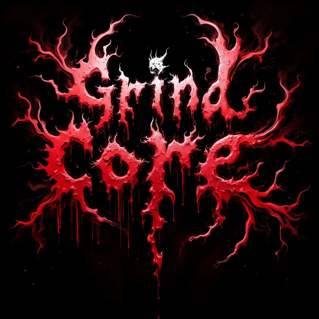 Creepy death metal band artwork, album cover art,
Extreme death metal logo design for the band name "GRIND CORE", Highly complex and bloode red text on pure black background,Sharp, jagged, and elongated letter forms resembling thorny branches or lightning bolts. Symmetrical composition with extensions above and below. Dripping, melting effect on some letters, entire screen has a gloomy, dark atmosphere,Hatune miku, bloody Hatsune Miku wearing a flesh apron placed in the center of the screen, and countless human bones scattered around..,DonM7w1573dW0nd3rl4ndFX,assassinkahb style,DonM5h4d0wM317FX