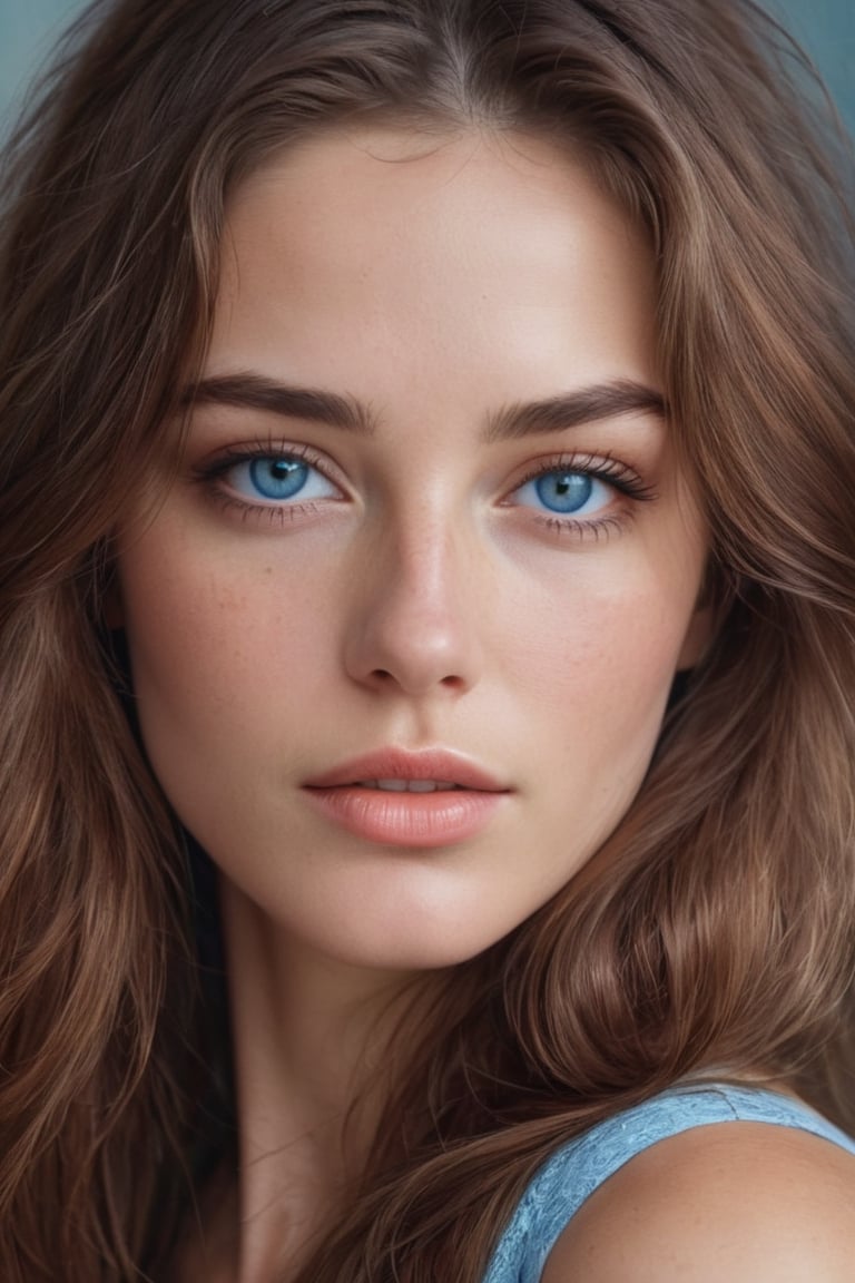 hyper realistic image,Ukrainian beautiful woman,long brown flowing hair,
clavicle, 
gazing directly at the viewer with serene blue eyes, Her parted lips hint at a subtle expression of tranquility,Beautiful realistic freckles grace  nose,This portrait captures the essence of a calm and captivating moment.,extremely detailed