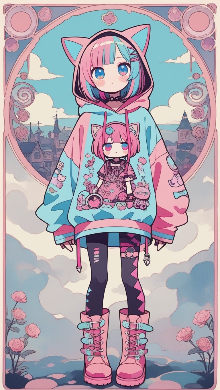 dal-3,,vtuber,1girl,
cute anime characters,Beautiful blue eyes,asymmetric bangs,candy punk Fashion,Hooded hoodie shaped like a cute kitten,cat ear hood,Pastel colored clothes based on blue and pink,Pastel Emo Fashion, Anime Print Shirt,Gothic Style tights, long military boots, score_7_up,dal-6 style,pink-emo,emo, art nouveau