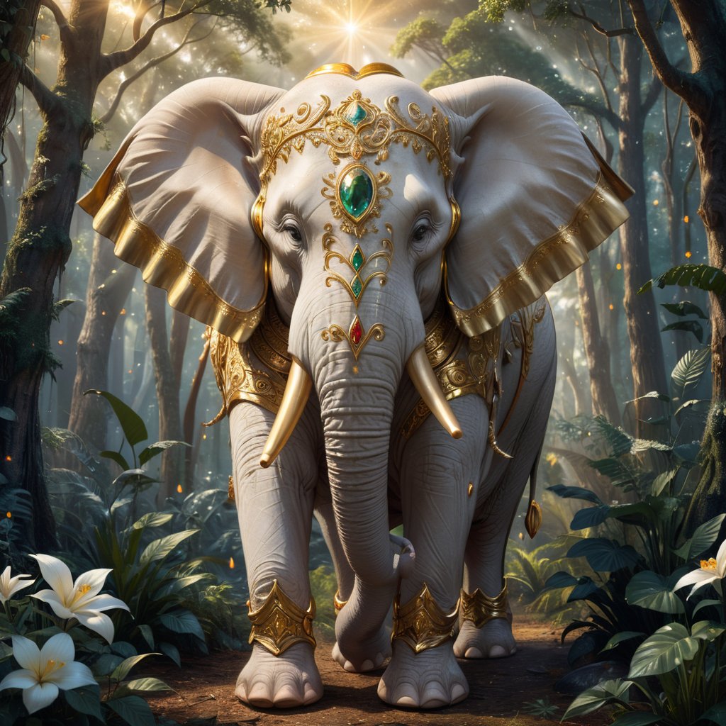 Majestic six-tusked white elephant, in golden armor, standing in a mystical forest. Huge albino elephant with six symmetrical tusks adorned with gold filigree and gems. Elaborate golden armor with magical symbols, emitting soft light. Lush ancient forest background with dappled sunlight, glowing flowers, and fireflies. Soft mist around elephant's feet. Warm golden light enhancing the elephant's presence, ,no human