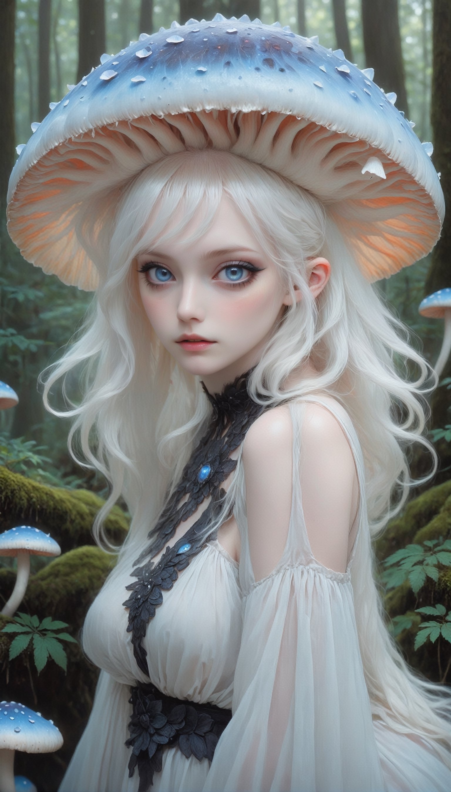 serene forest scene where a delicate albino mushroom girl,
mushroom Head,
Beautiful blue eyes, soft expression, (heavy black eyeshadow:1.2), Depth and Dimension in the Pupils,
stands amidst the tranquility, Adorned with soft, pale-colored petals resembling mushroom caps and delicate mycelium cascading from her hair, she exudes ethereal beauty. Her eyes, silver or pale blue, convey mystery and wonder as she moves gracefully through the enchanted landscape. Surrounded by vibrant colors and playful woodland creatures, she embodies the magic and wonder of nature's hidden treasures.",Christmas Fantasy World,enakorin,mushroomz,p3rfect boobs