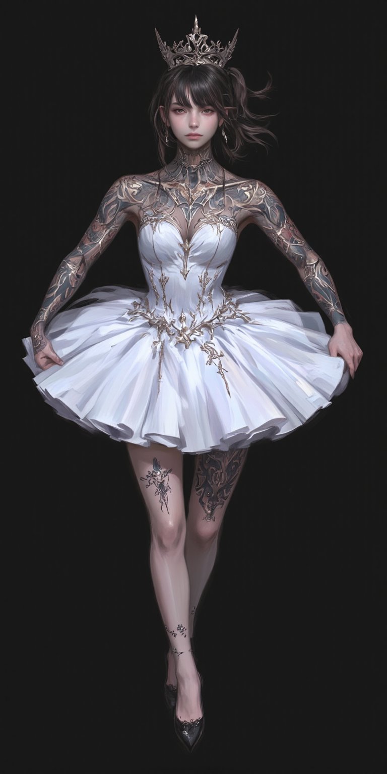 1girl,
"A beautiful Nordic ballerina with a muscular build, wearing a pristine white tutu. Her physique is athletic and well-defined, showcasing her strength and grace. Her body is adorned with intricate tribal tattoos, which contrast with the delicate tutu. The tattoos are detailed and elegant, wrapping around her arms, legs, and torso. The ballerina is captured in a graceful pose, highlighting both her physical prowess and the artistry of her dance. The background is minimalistic to emphasize her form and the contrast between the white tutu and the dark tribal tattoos.",dal style,ek_real_b00ster,Midjourney_Whisper