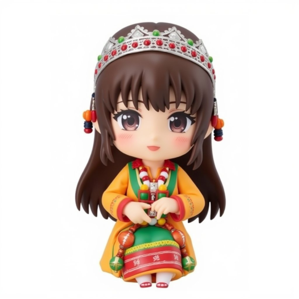 chibi,nendoroid,Moroccan tradition clothe,1girl, a stunning photo with beautiful saturation, ultra high res, best quality, masterpiece), highly detailed, ((full body)),, looking at viewer, knee, warm smile,3D MODEL, full body, chibi,cute, (white pure background), white theme, simple backgroup,Adrr-tsfft,lyh_nendo