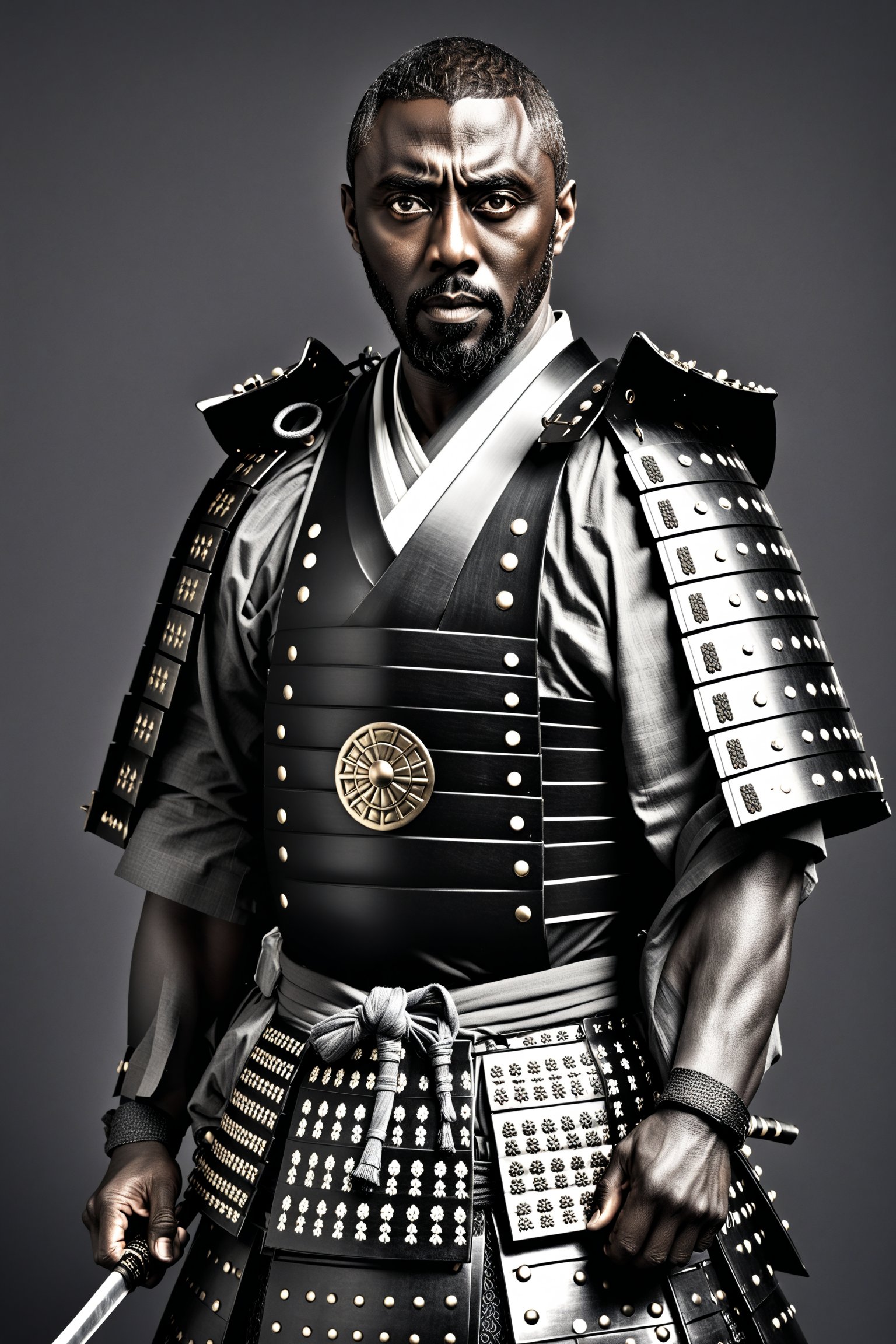 ((1man)),(Idris Elba),Real Photo, monochrome Photo,
, wearing samurai-style armor,mysterious narrow and captivating eyes, traditional Japanese armor reminiscent of a samurai, and a hakama.
Dark skin,, beautiful collarbones,,warrior,samurai,emo,Realistic Blue Eyes,BBM