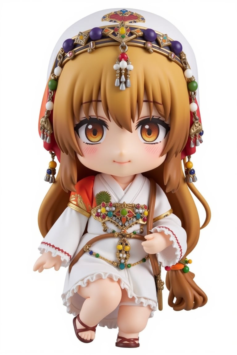 chibi,nendoroid,Moroccan tradition clothe,1girl, a stunning photo with beautiful saturation, ultra high res, best quality, masterpiece), highly detailed, ((full body)),, looking at viewer, knee, warm smile,3D MODEL, full body, chibi,cute, (white pure background), white theme, simple backgroup,Adrr-tsfft,lyh_nendo,Made of adrr-zllj