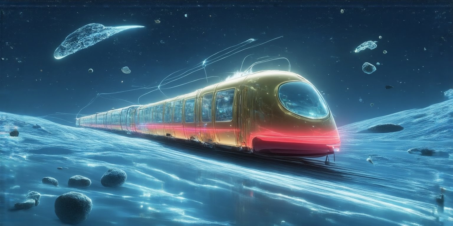 Galaxy Express 999, majestic space train, cosmic railway, starry background, nebulae and colorful galaxies, retro-futuristic locomotive design, gleaming metallic exterior, red and gold accents, steam-like energy trail, glass observation dome, visible passenger cars,, passing comets and asteroids, planet silhouettes on horizon, twinkling stars, cosmic dust clouds, ethereal glow around train, vintage sci-fi aesthetic, ,eco-friendly train,hyperrealistic,