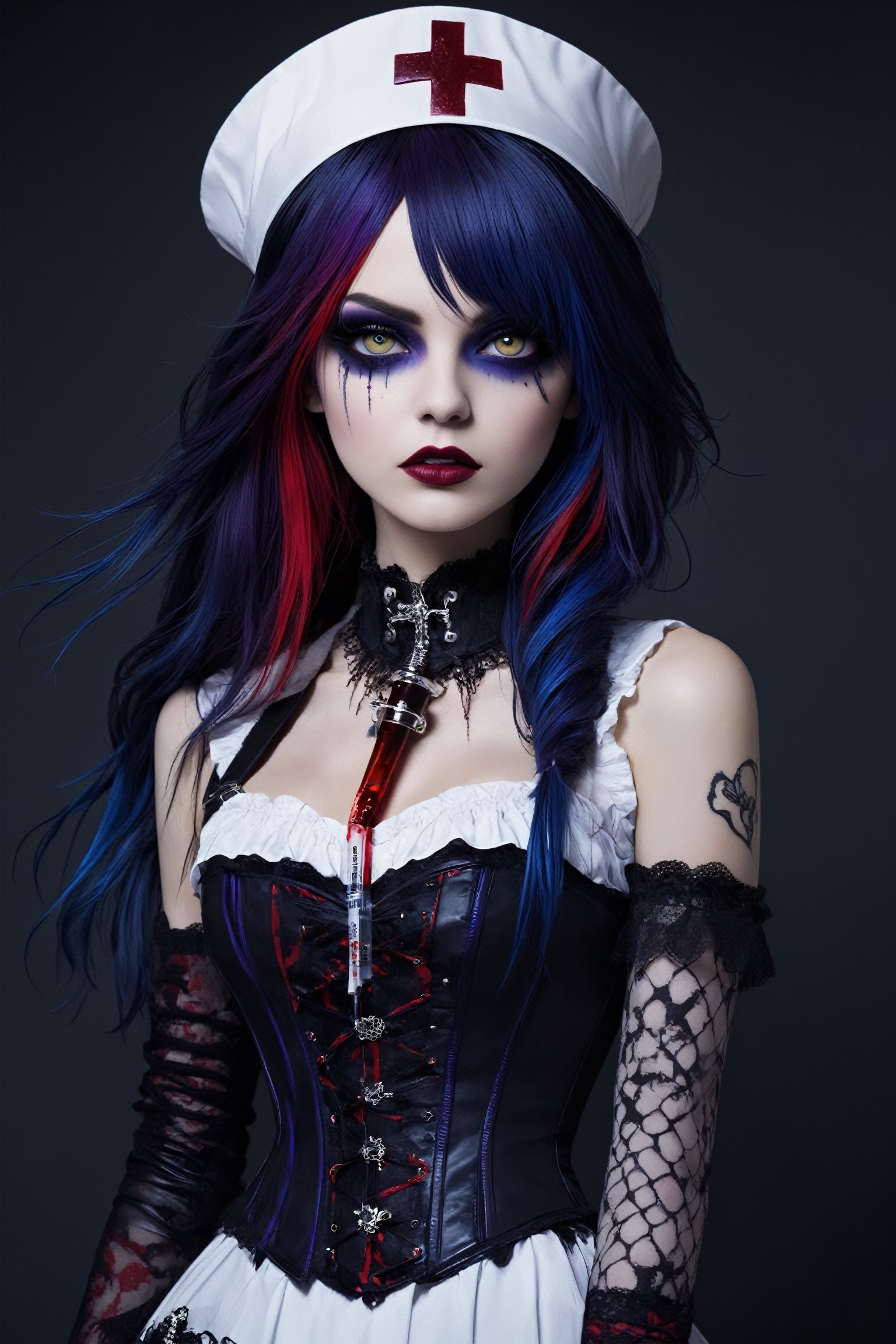  female nurse, a gothic-emo theme, she is characterized by her unique fashion sense,((white nurse uniform)),white nurse cap, deep purple and crimson accents,((syringe in her hand:1.5)), a lace-up corset at her side, and silver accessories with gothic motifs such as crosses.
Her hair is asymmetrically layered and dyed in shades of dark purple and jet black with bright streaks of electric blue and blood red, dark eyeliner and dramatic eye makeup,dal