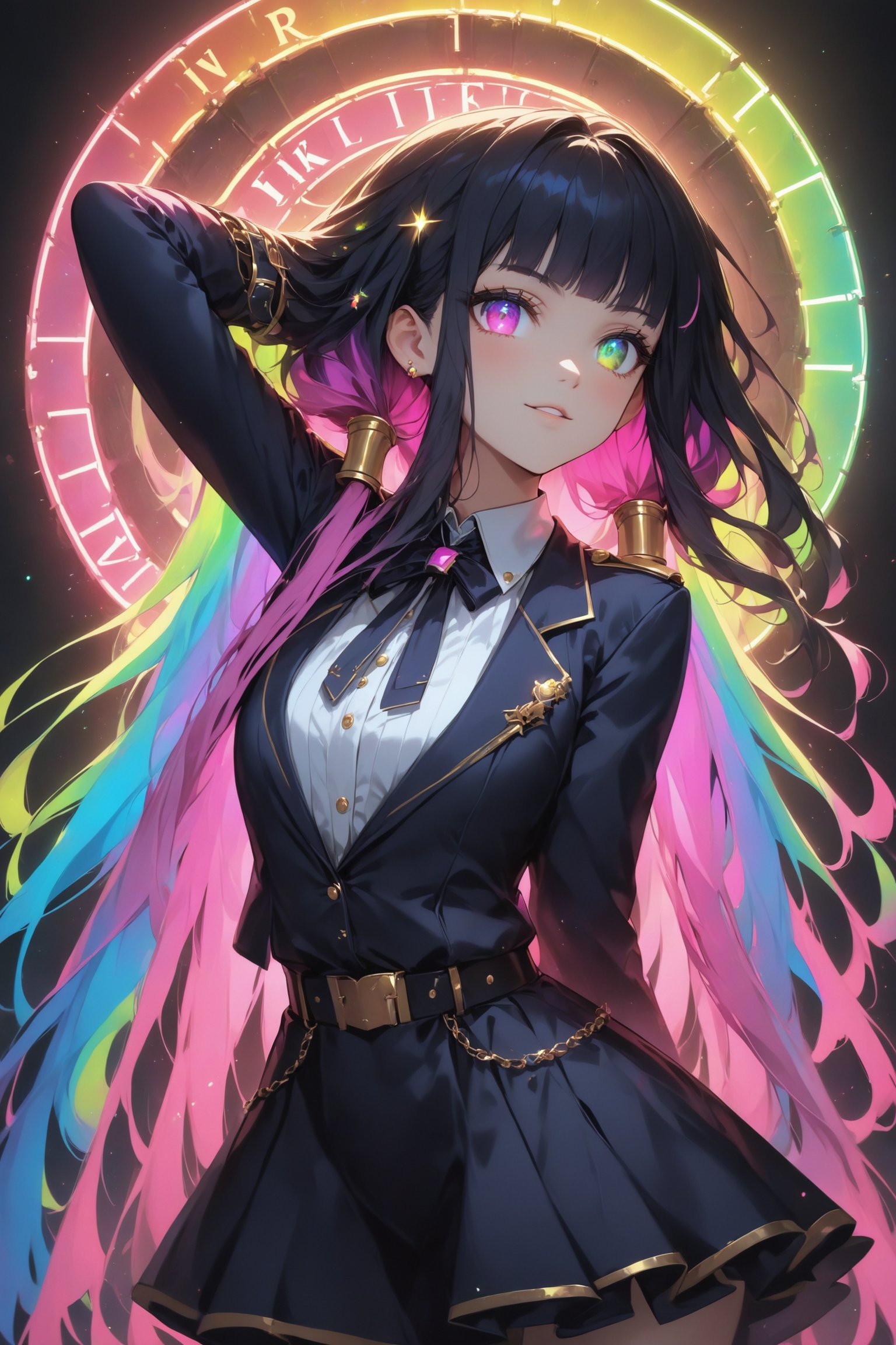 Ultra realistic,princess knight,((very long colorful dreadlocks)), seven-colored hair, wearing gorgeous and stylish western style dress suit, gold cuffs, rings,royal knight,dal,Rainbow haired girl ,zavy-hrglw,
((Hair that glows in 7 colors)), neon Light hair,Anime girl