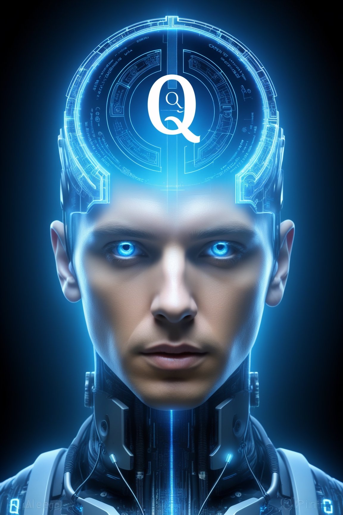 Cyborg man hologram screen attached to head, with text ("Q"),illustration,ultra-detailed,realistic,vivid ,bl3uprint