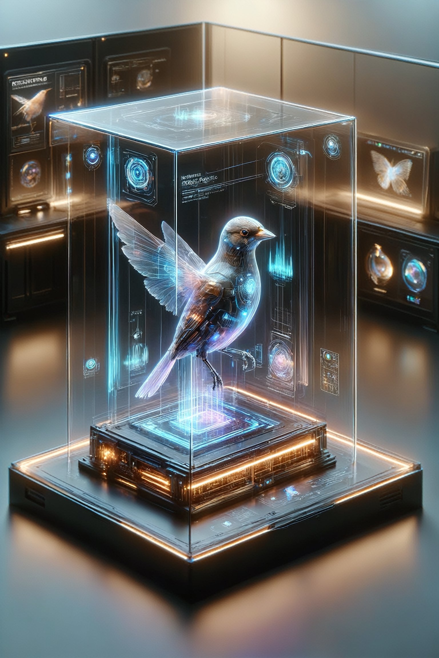 Giant, engineered 3D printers,Hologram Small bird being synthesized by 3D printer,Transparent Cyborg Grayish Baywing,glass made mechanical cute bird,reddish-brown tone wings,eyes and nostrils is black,  it has black eyes,  black legs,c1bo,Clear Glass Skin,gbaywing,DonMH010D15pl4yXL 