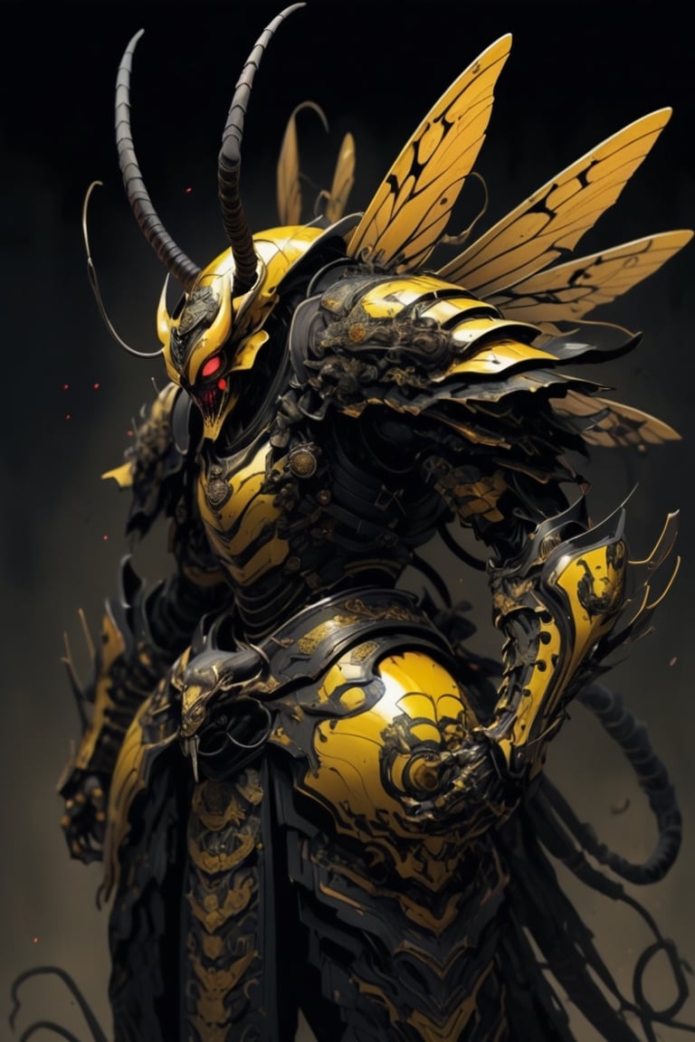 A samurai armored in a suit reminiscent of a giant hornet, with sleek, angular plates crafted to resemble the insect's exoskeleton. The helmet features menacing hornet-like antennae, and the mask is adorned with intricate designs resembling the insect's eyes. The armor's color scheme mimics the vivid yellow and black stripes of a hornet, instilling fear in adversaries on the battlefield.,warrior,rmspdvrs