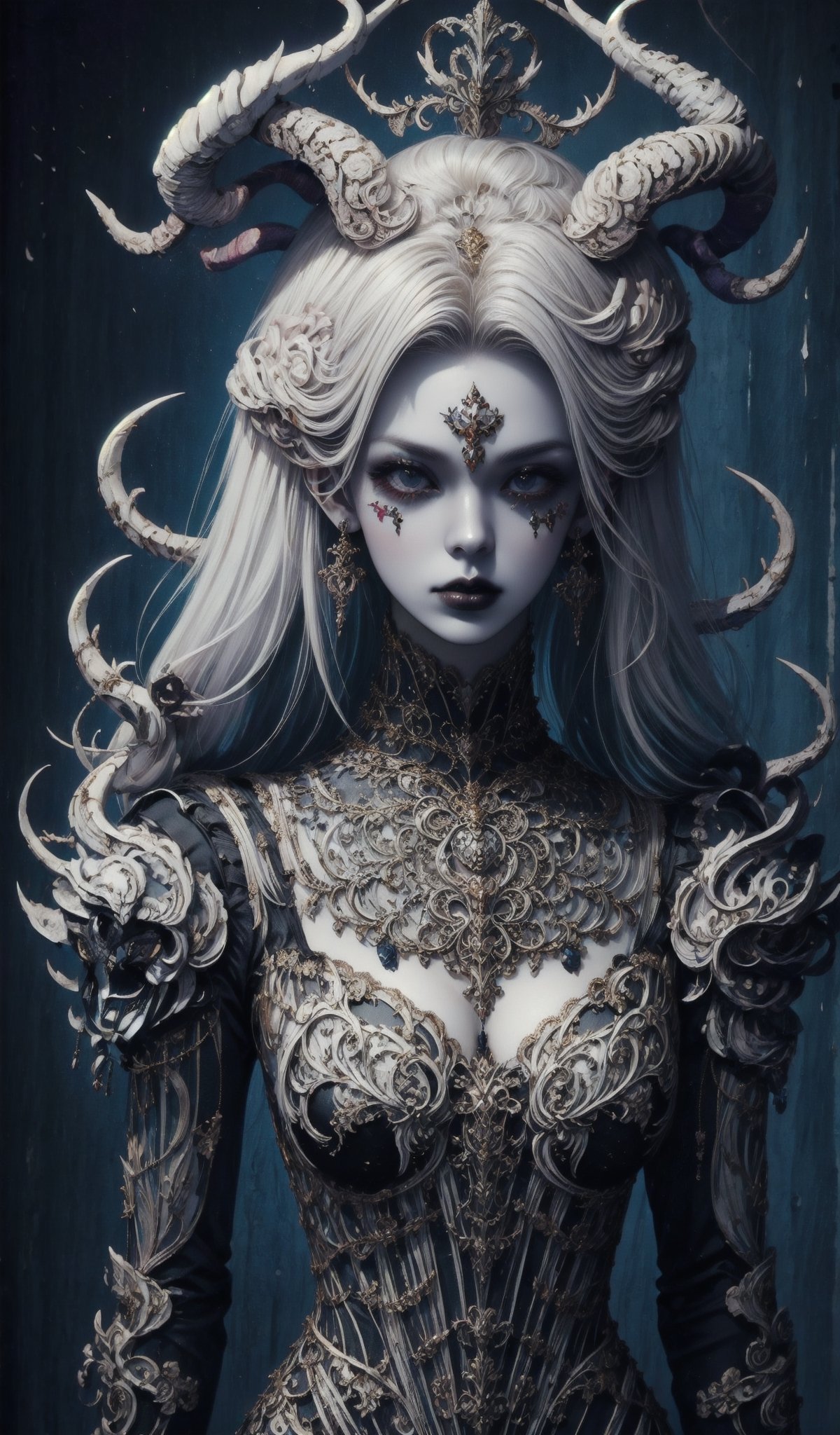 1girl,.albino demon little queen, (long intricate horns), a sister clad in gothic punk attire, face concealed behind a striking masquerade mask,themed,white_aesthetics,photorealistic,Masterpiece,Realistic,dark fantasy